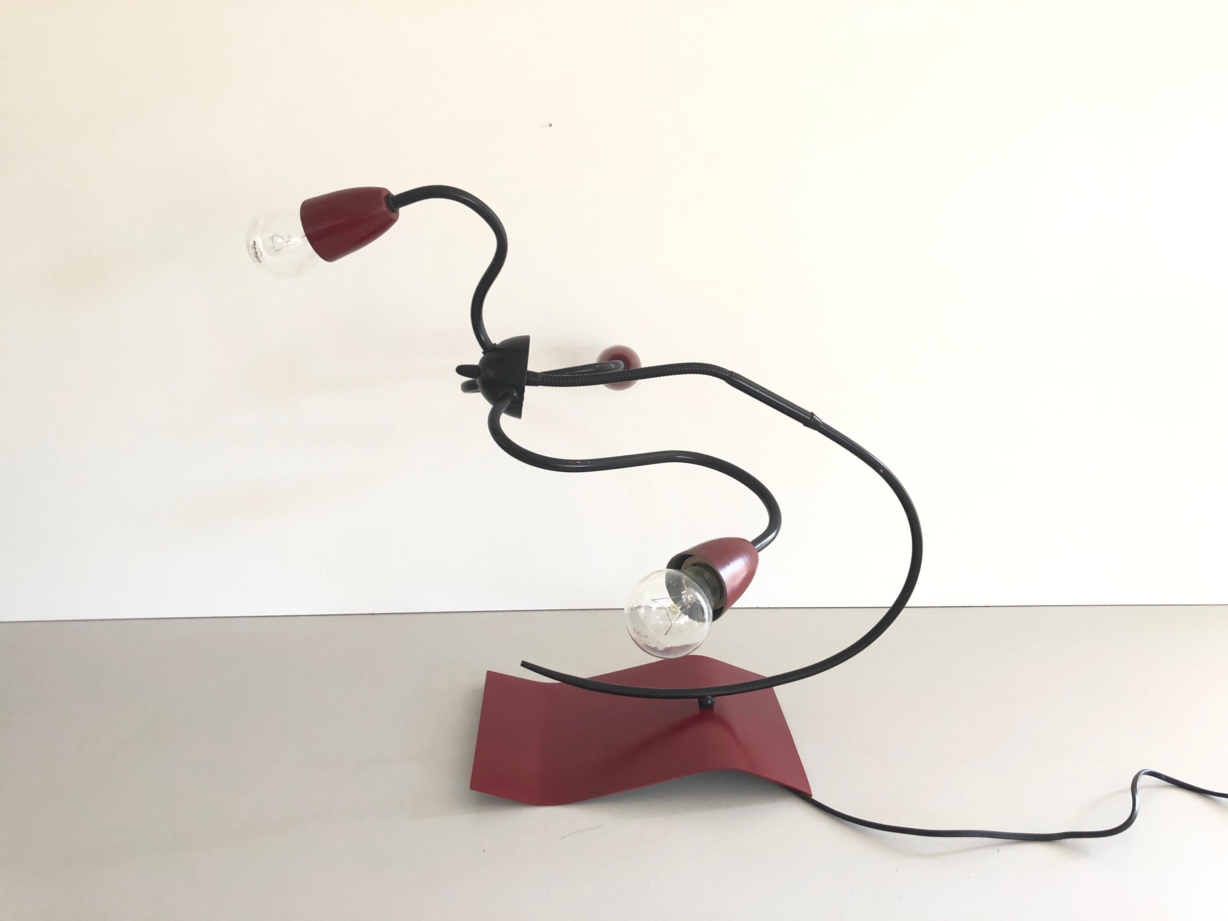 French 3-armed Adjustable Bordeaux Metal Rare Atomic Table Lamp, 1960s, France For Sale