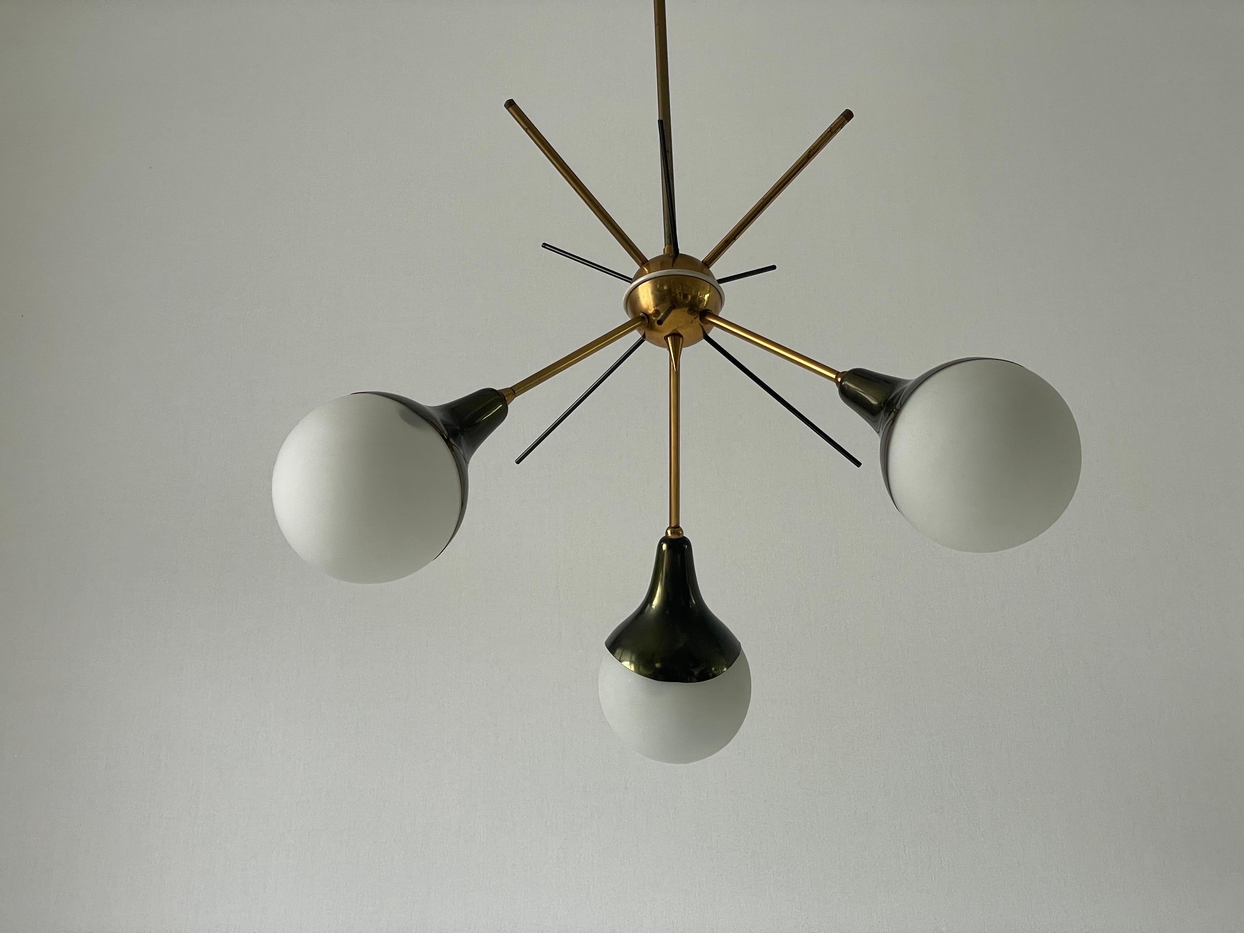3-armed Ball Glass Orbit Design Ceiling Lamp, Attributed to Stilnovo, 1950s, Italy
Brass detailing and hardware.

Lampshade is in very good vintage condition.

This lamp works with 3x E14 light bulbs. 
Wired and suitable to use with 220V and 110V