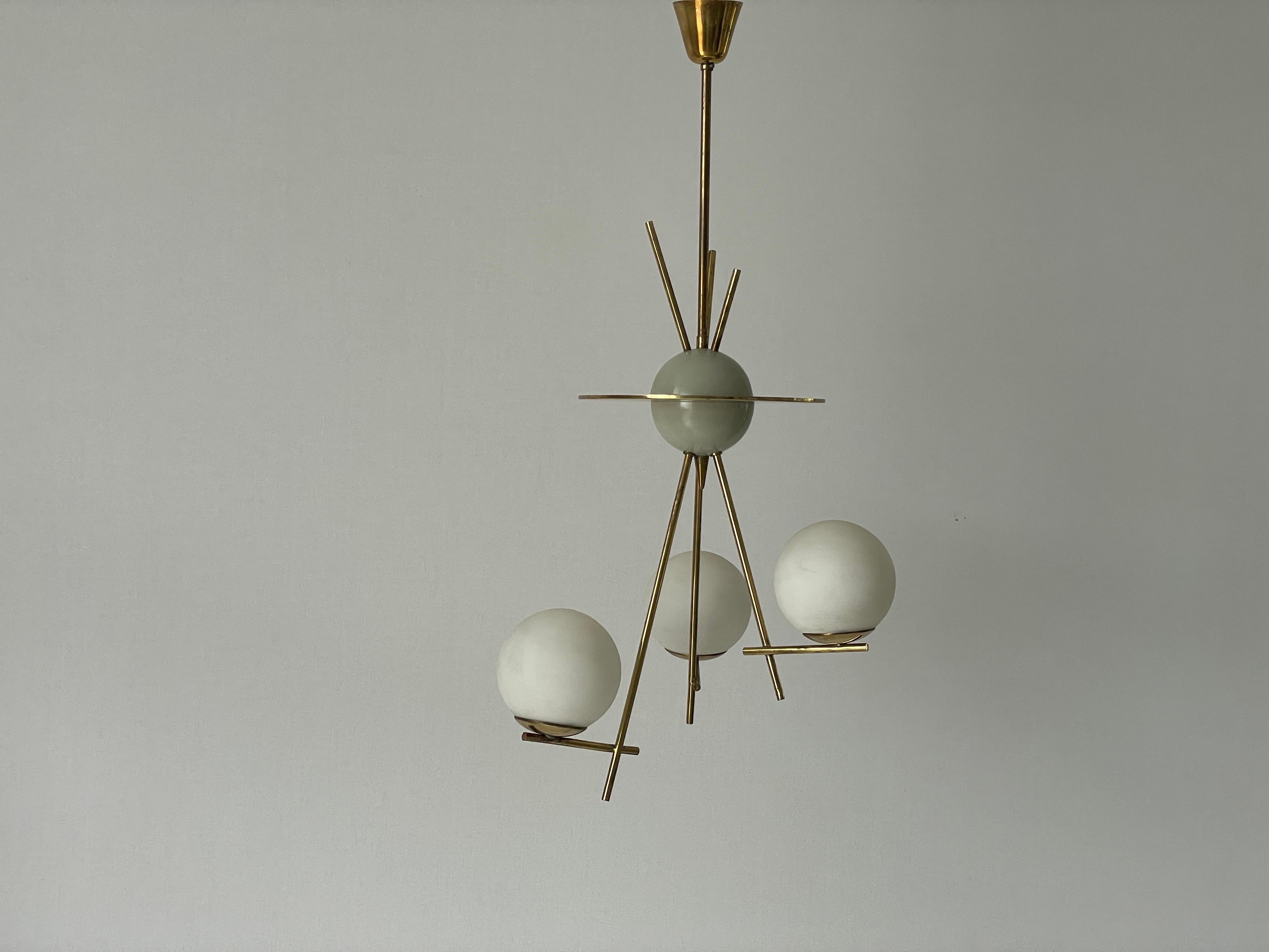 3-armed Ball Glass Orbit Design Ceiling Lamp, Attributed to Stilnovo, 1950s, Italy
Brass detailing and hardware.

Lampshade is in very good vintage condition.

This lamp works with 3x E14 light bulbs. 
Wired and suitable to use with 220V and 110V