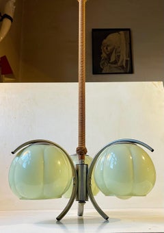 3-Armed Bauhaus Ceiling Light with Light Green Shades, Germany, 1930s