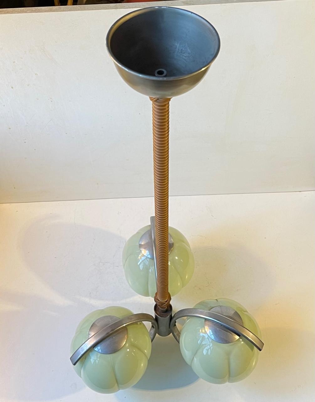 3-Armed Bauhaus Ceiling Light with Light Green Shades, Germany, 1930s In Good Condition For Sale In Esbjerg, DK