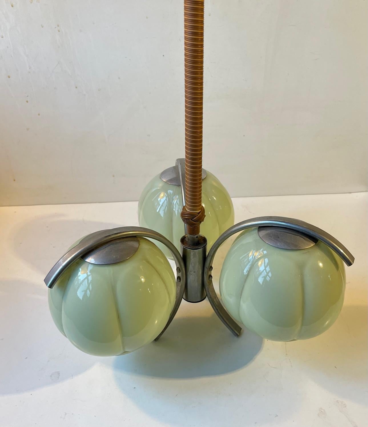 3-Armed Bauhaus Ceiling Light with Light Green Shades, Germany, 1930s For Sale 1