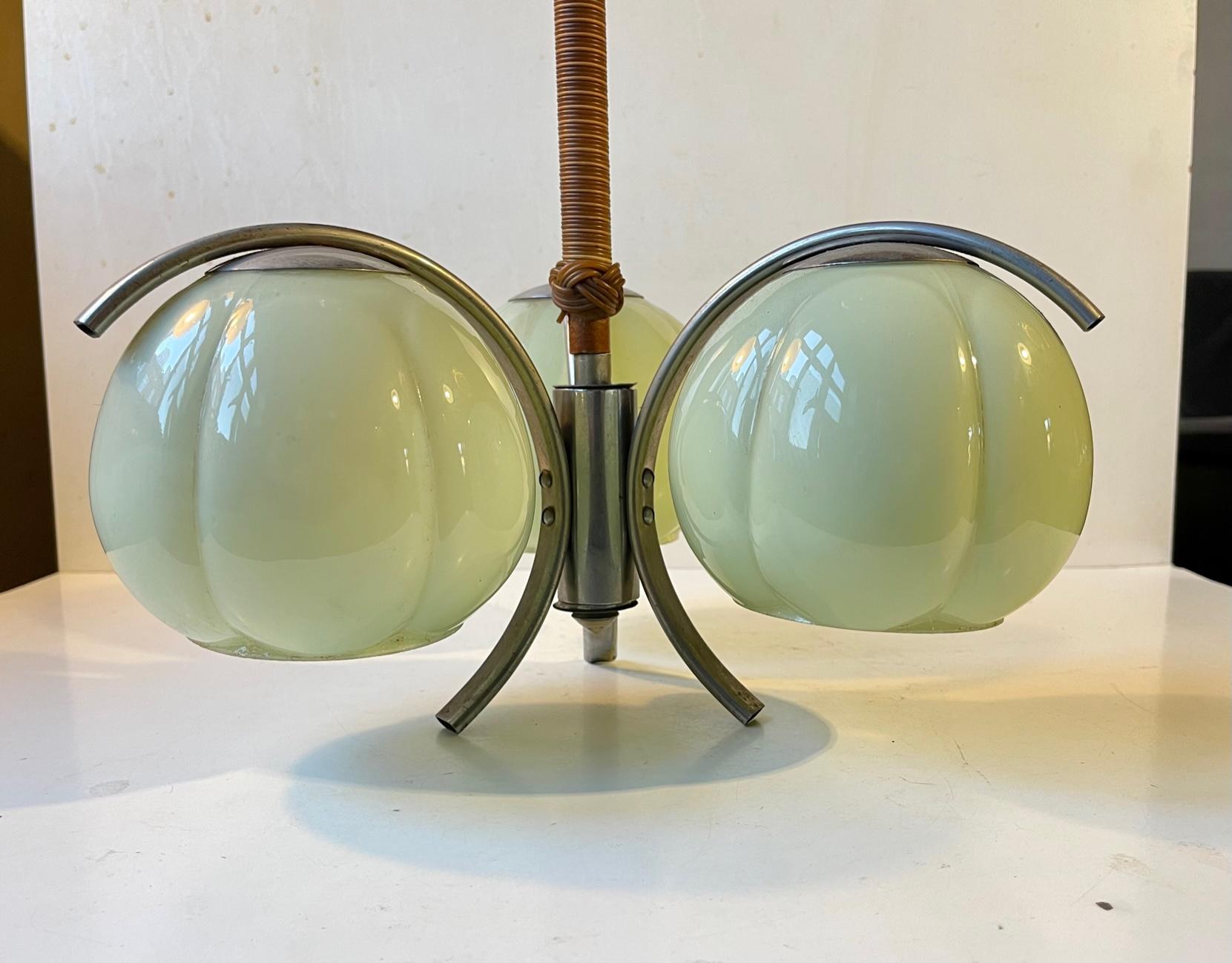 3-Armed Bauhaus Ceiling Light with Light Green Shades, Germany, 1930s For Sale 2
