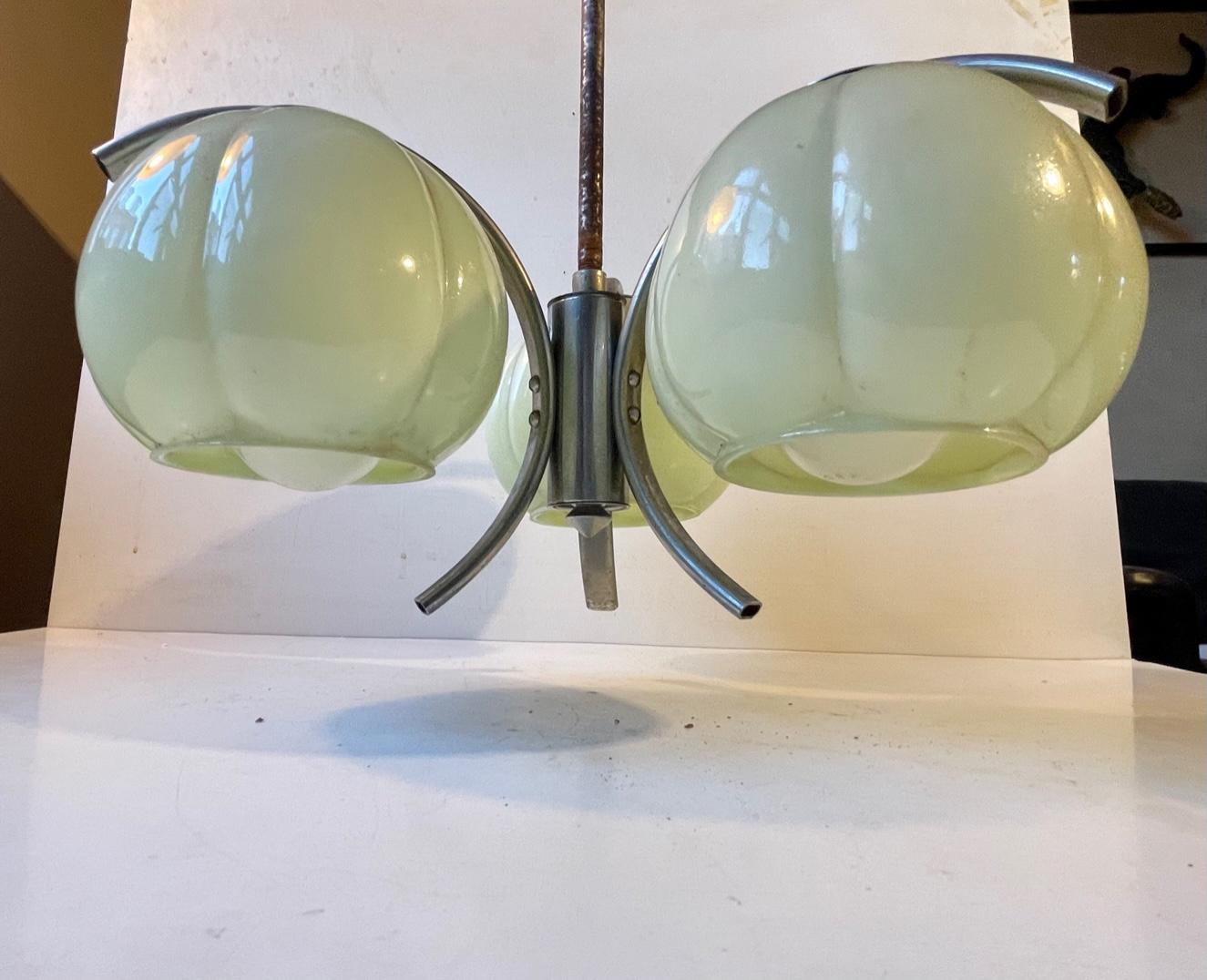 3-Armed Bauhaus Ceiling Light with Light Green Shades, Germany, 1930s For Sale 3