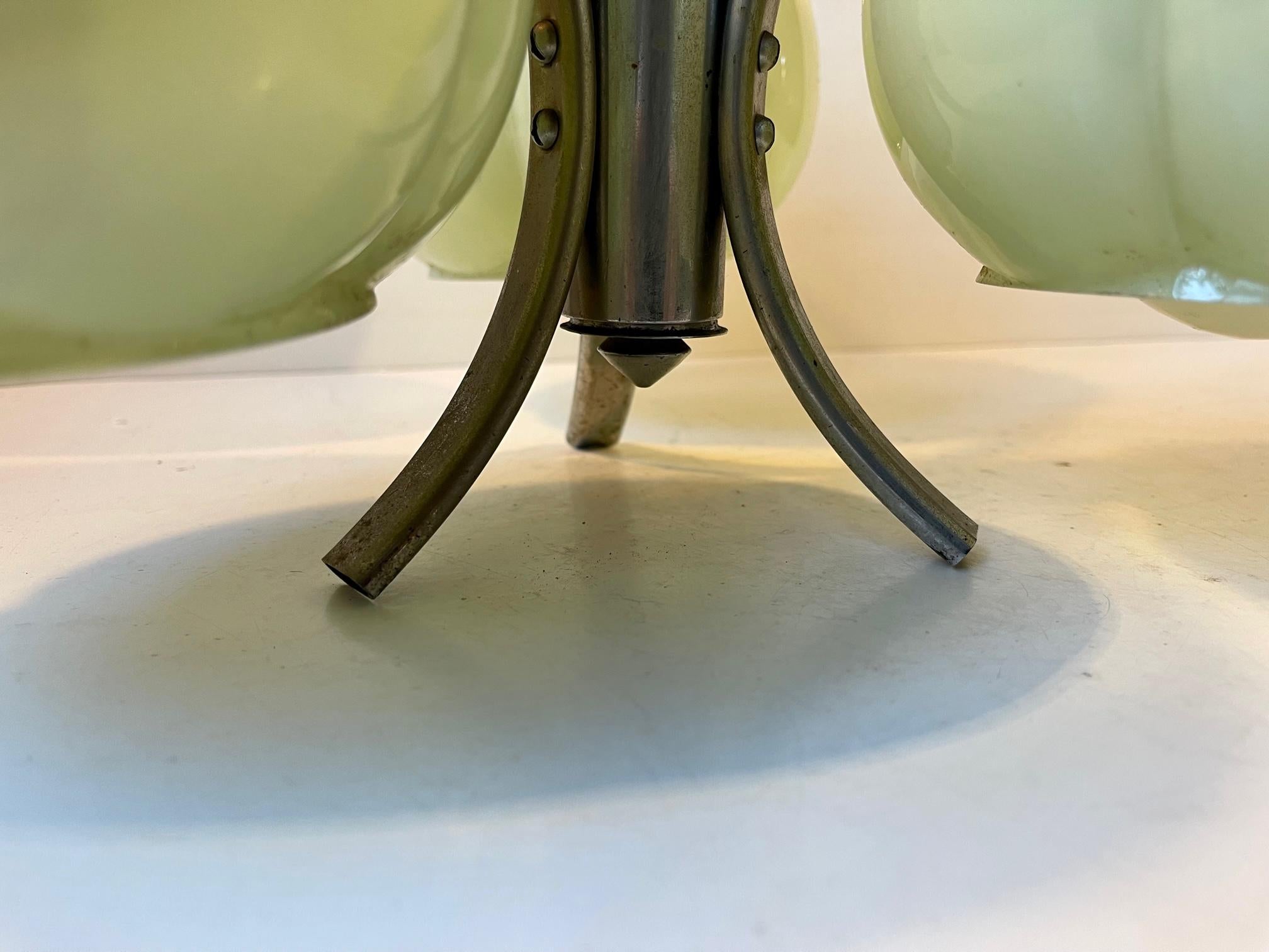 3-Armed Bauhaus Ceiling Light with Light Green Shades, Germany, 1930s For Sale 4