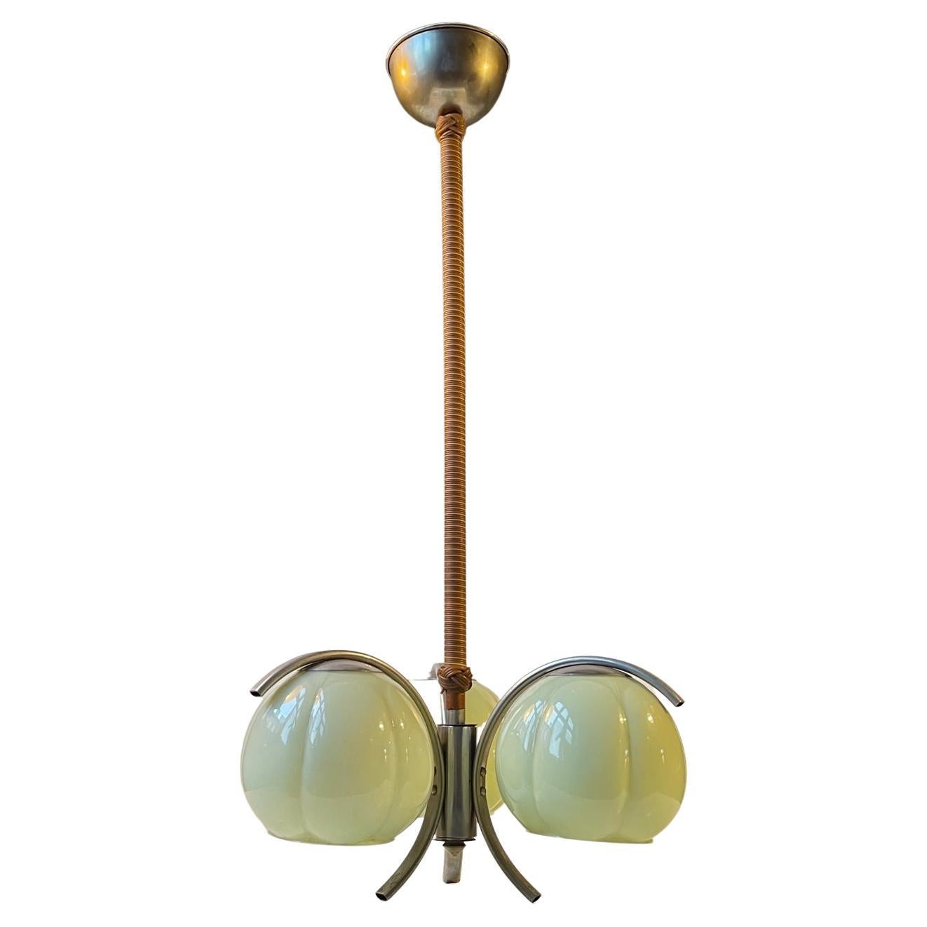3-Armed Bauhaus Ceiling Light with Light Green Shades, Germany, 1930s
