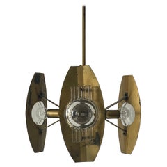 3-armed Brass and Lens Glass Ceiling Lamp, 1960s, Italy