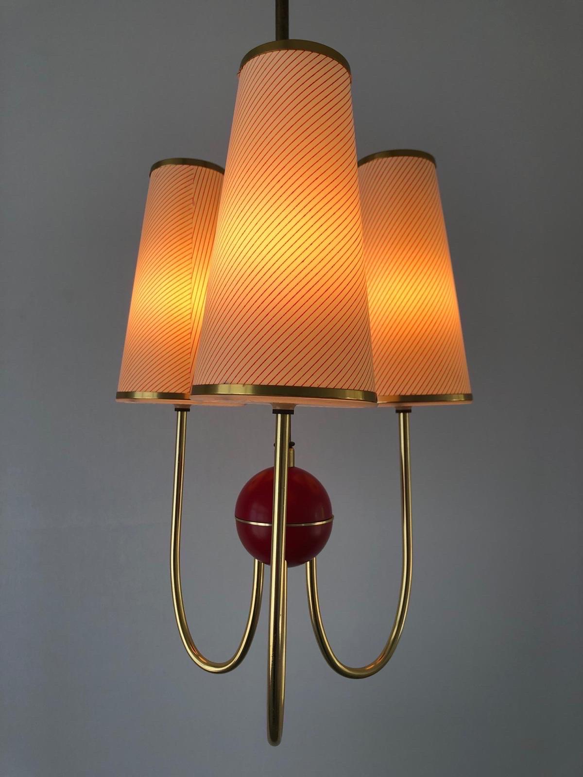 Brass 3-armed Fabric and Plastic Sputnik Pendant Lamp by Erco, 1950s, Germany For Sale