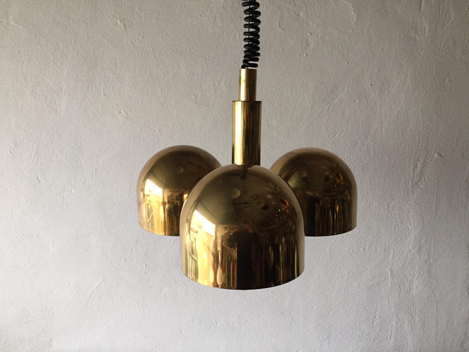 Mid-Century Modern 3 Armed Full Brass Adjustable Hanging Chandelier by Hillebrand, 1970s, Germany