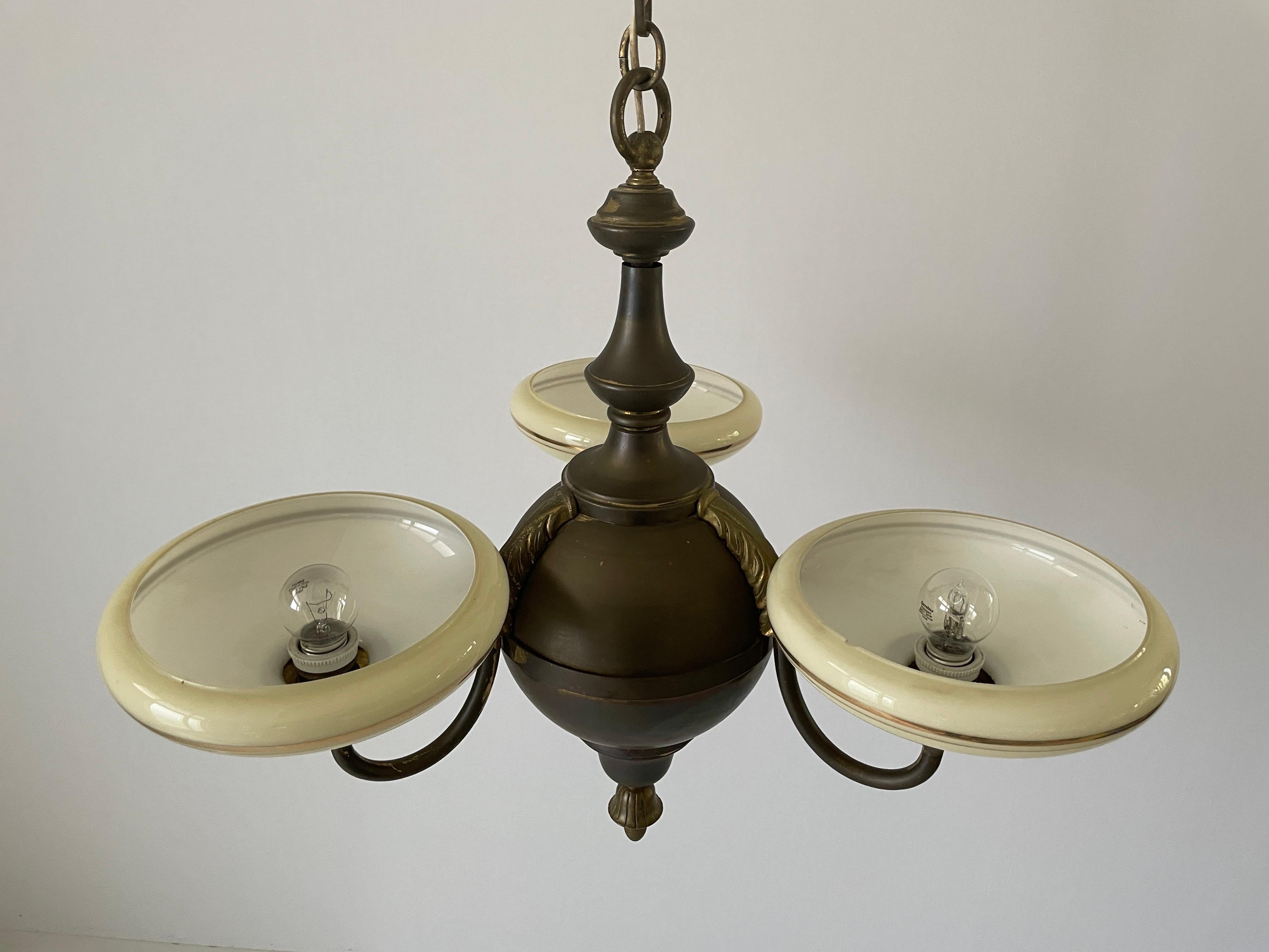 3-armed Glass and Brass Art Deco Chandelier, 1940s, Germany For Sale 6