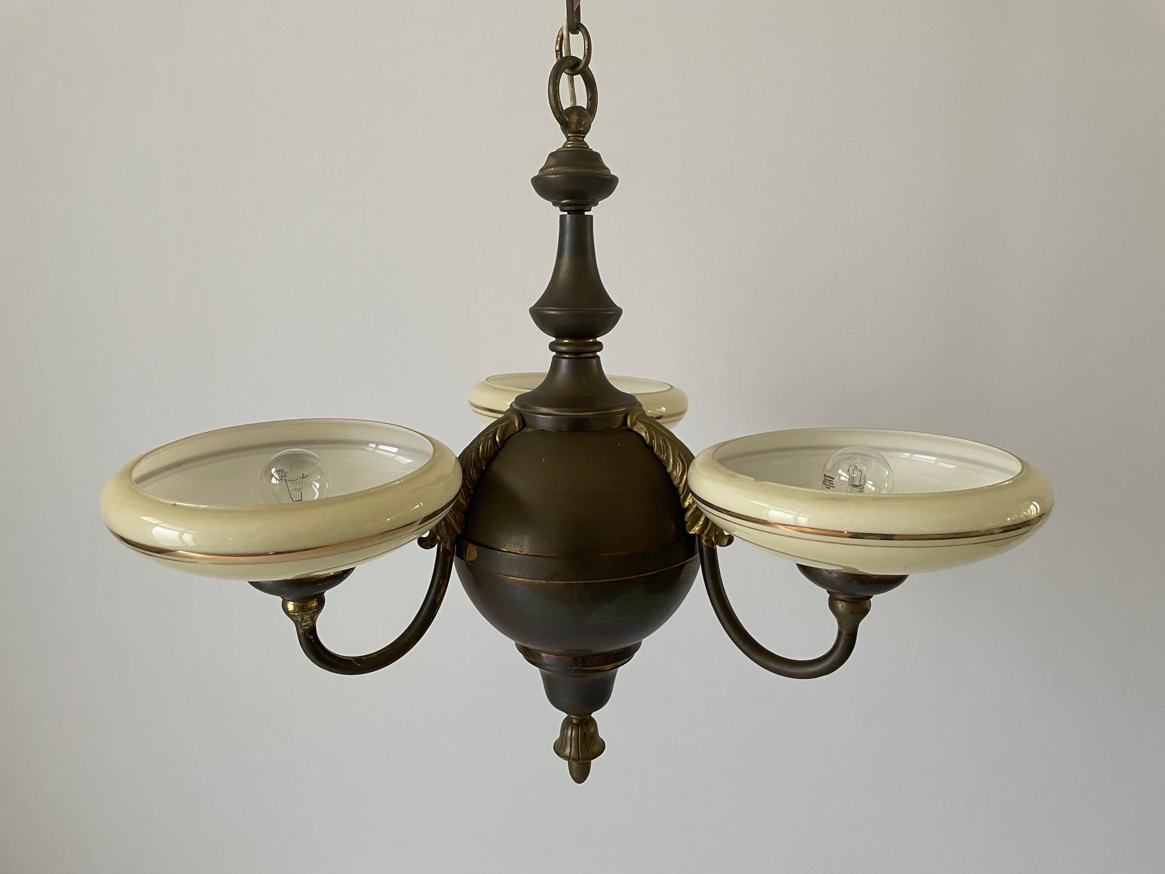 3-armed Glass and Brass Art Deco Chandelier, 1940s, Germany For Sale 7