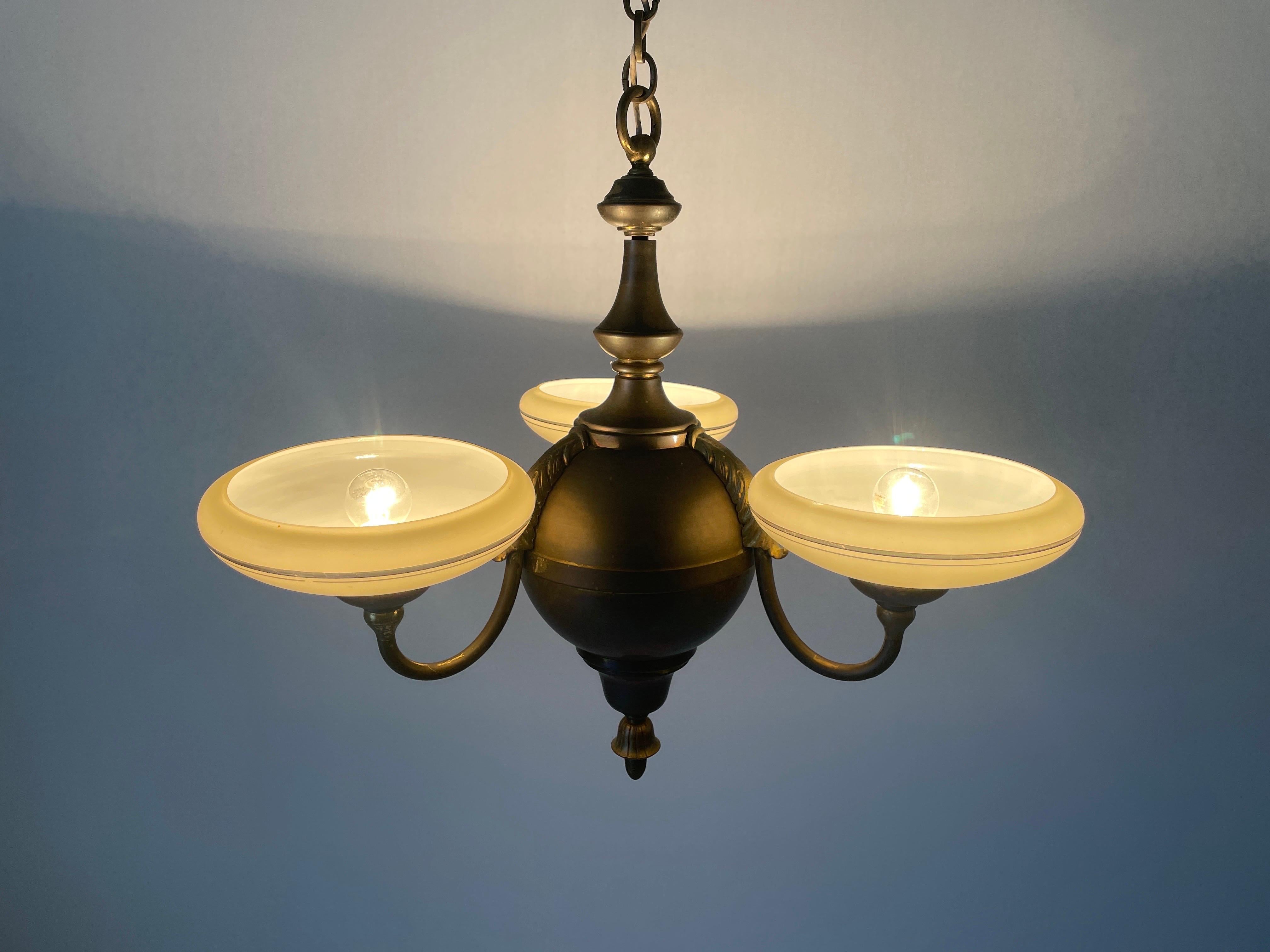 3-armed Glass and Brass Art Deco Chandelier, 1940s, Germany For Sale 12