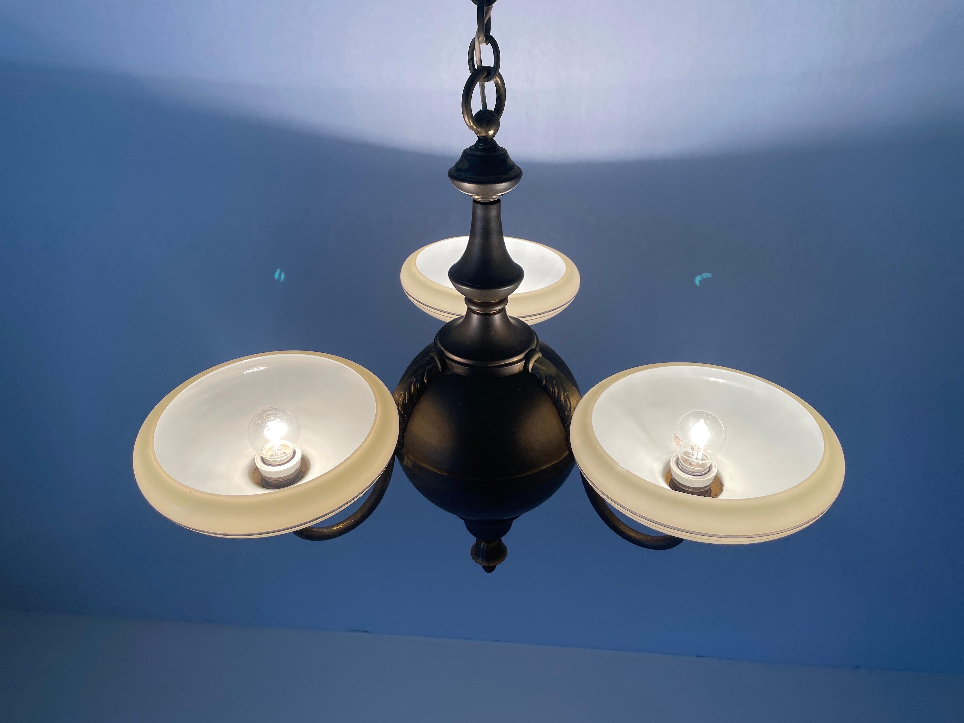 3-armed Glass and Brass Art Deco Chandelier, 1940s, Germany For Sale 13
