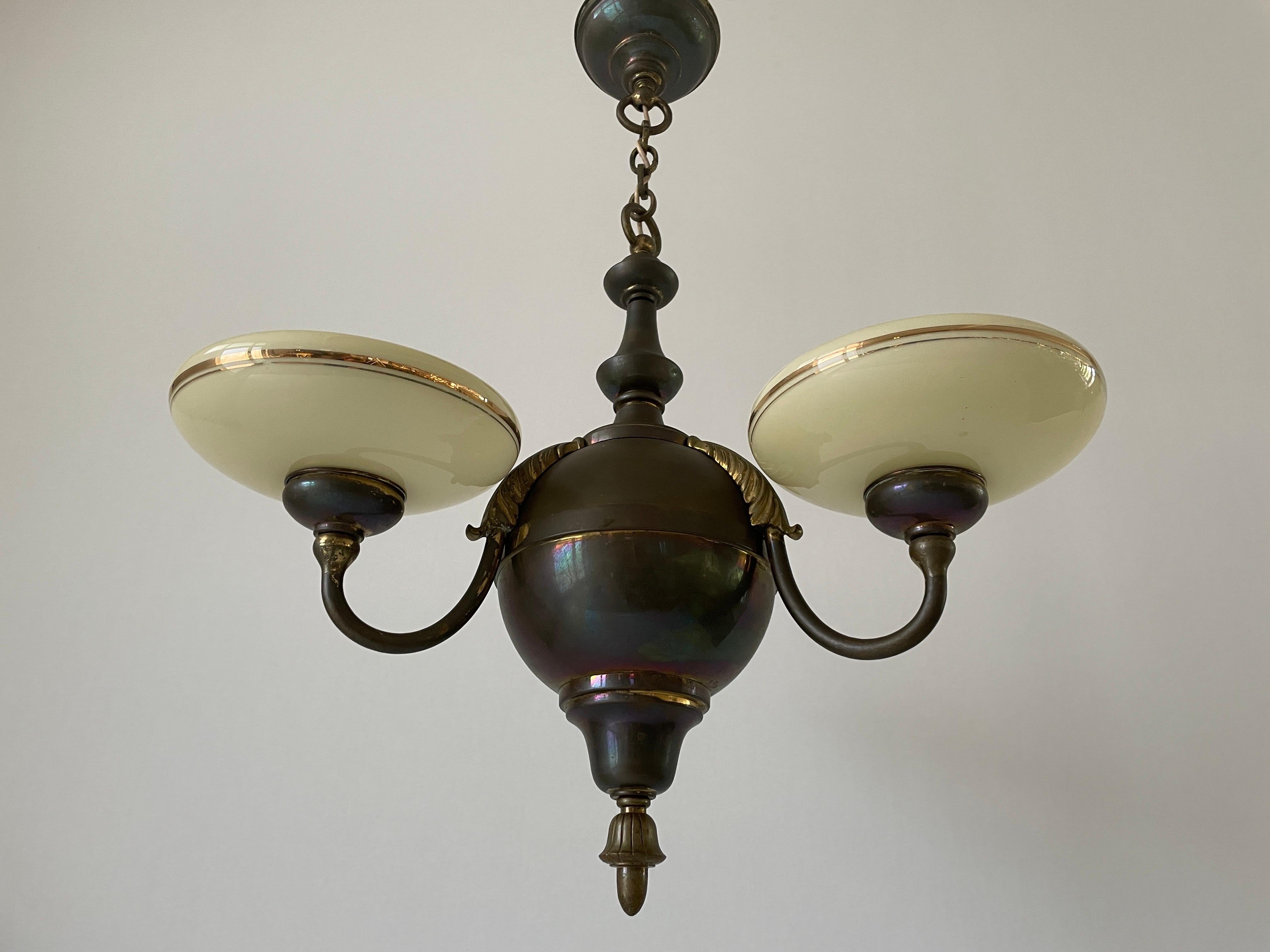 3-armed Glass and Brass Art Deco Chandelier, 1940s, Germany In Excellent Condition For Sale In Hagenbach, DE