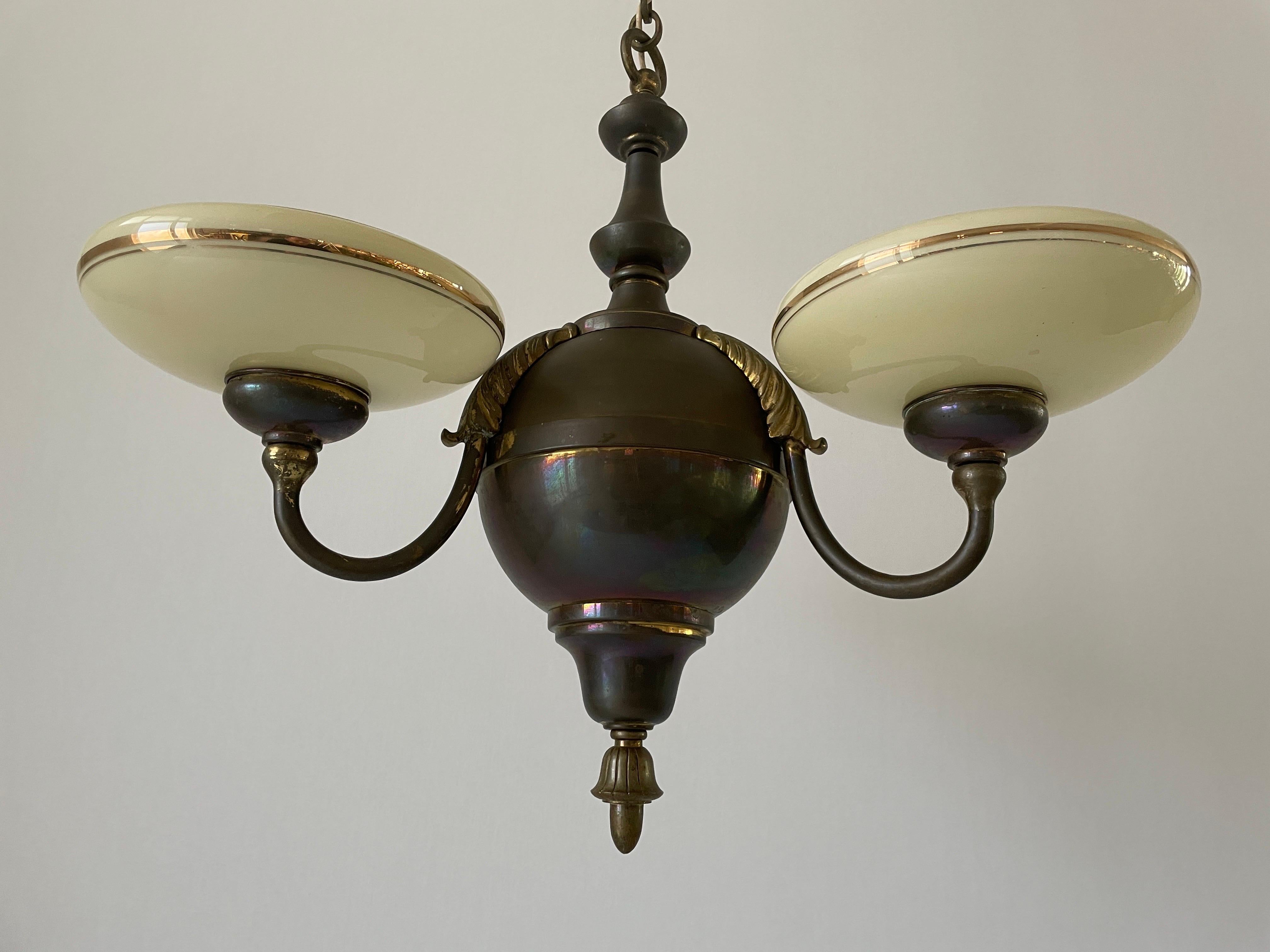 Mid-20th Century 3-armed Glass and Brass Art Deco Chandelier, 1940s, Germany For Sale