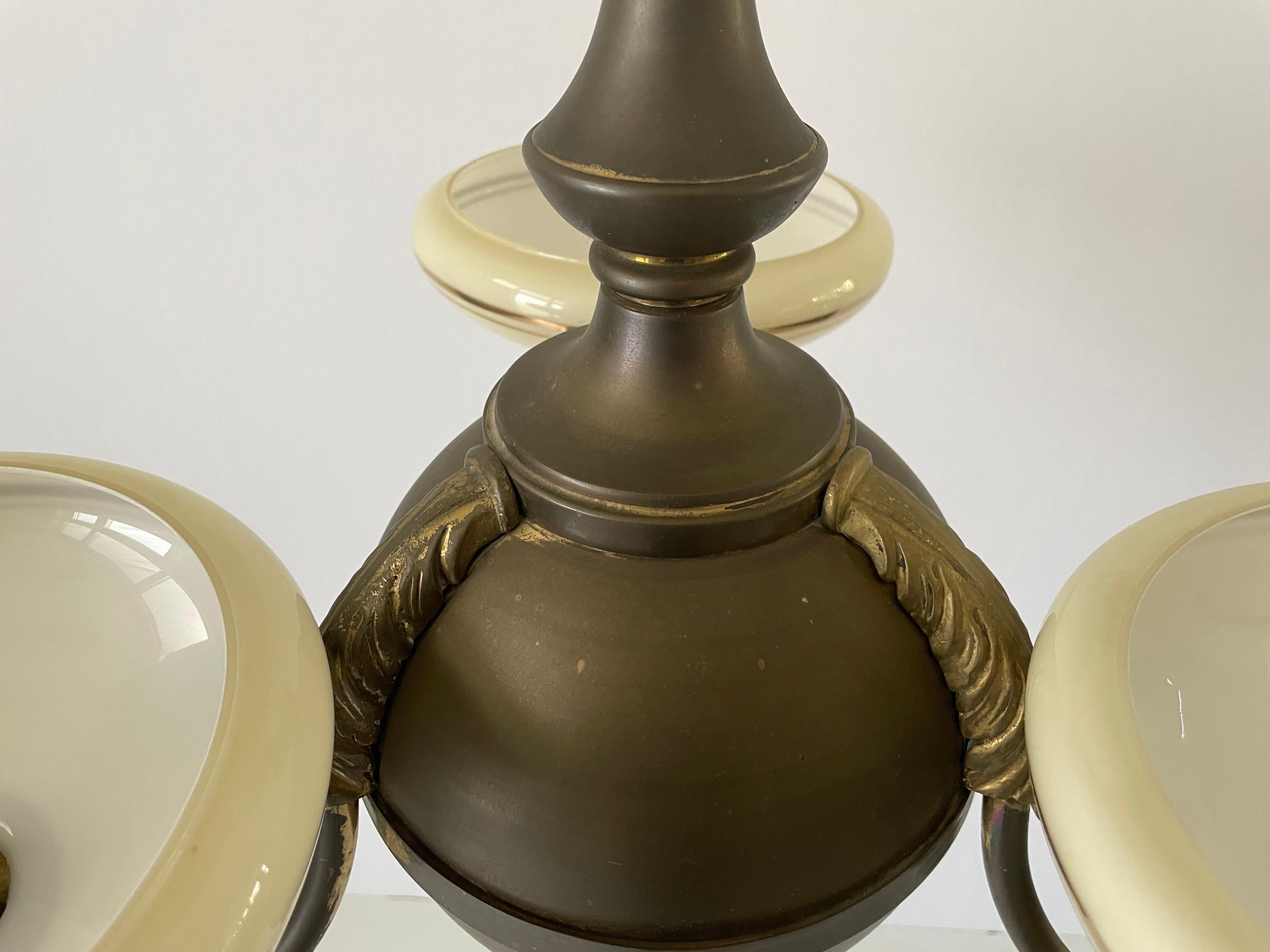 3-armed Glass and Brass Art Deco Chandelier, 1940s, Germany For Sale 3
