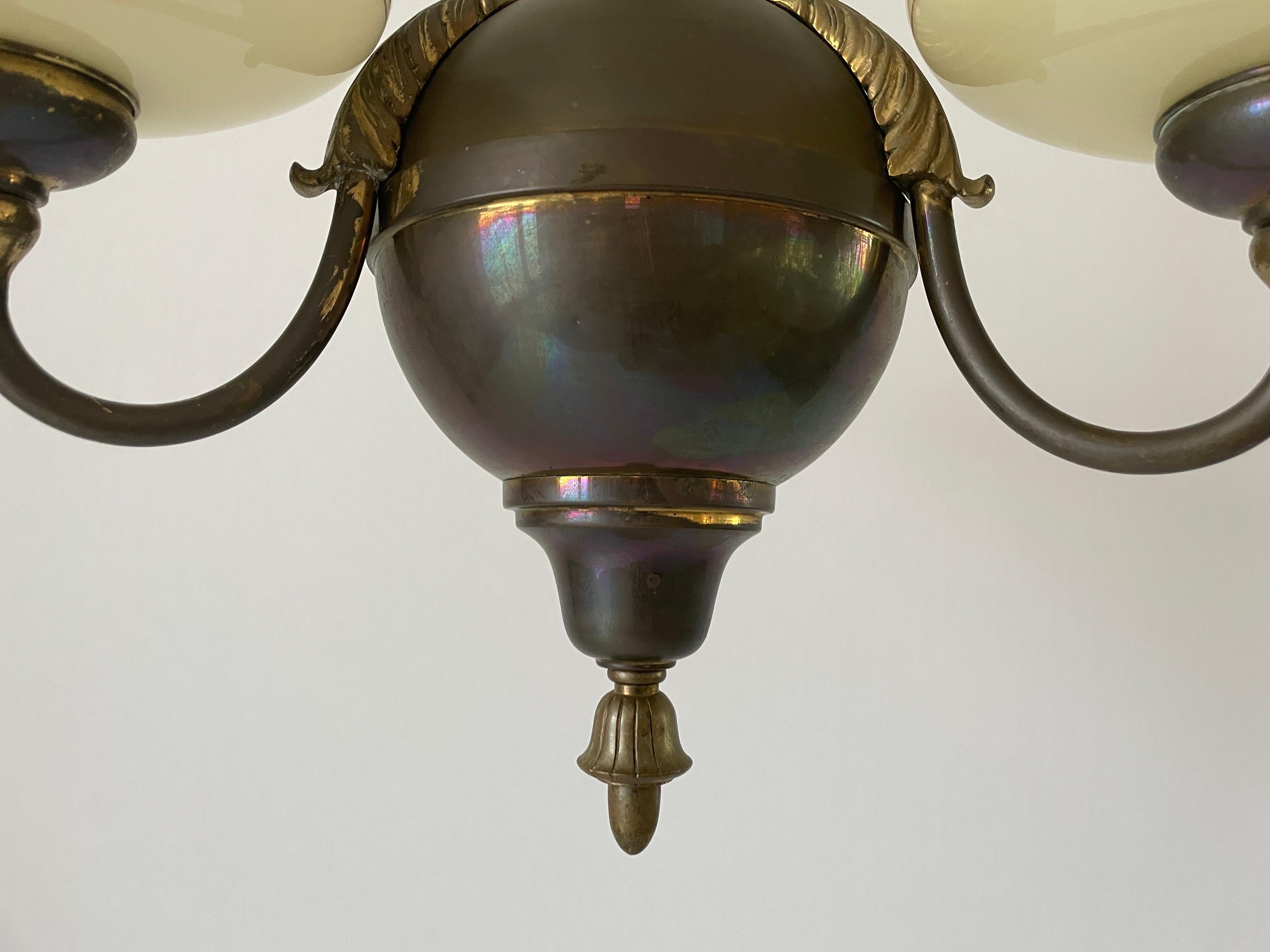 3-armed Glass and Brass Art Deco Chandelier, 1940s, Germany For Sale 4