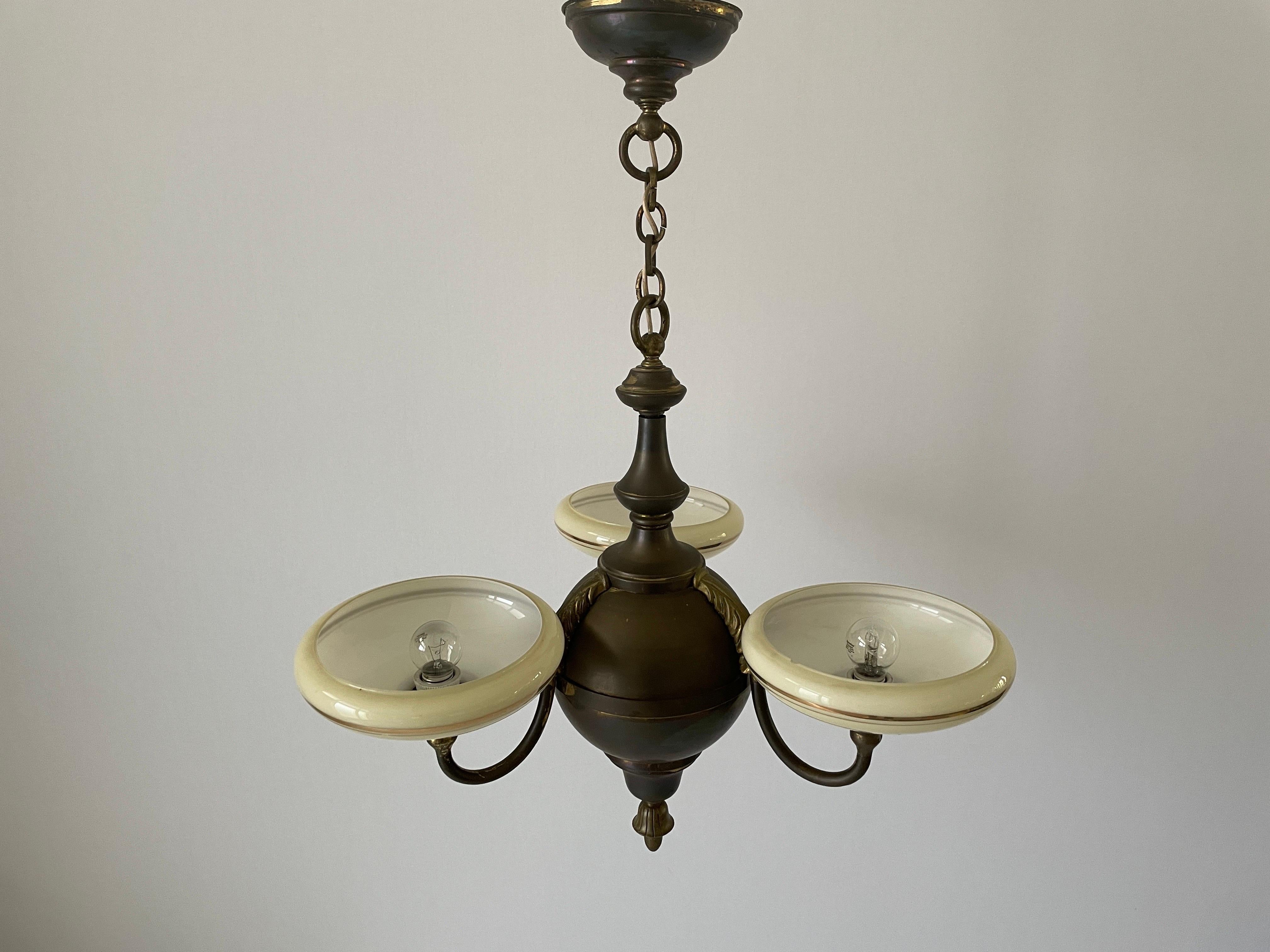 3-armed Glass and Brass Art Deco Chandelier, 1940s, Germany For Sale 5