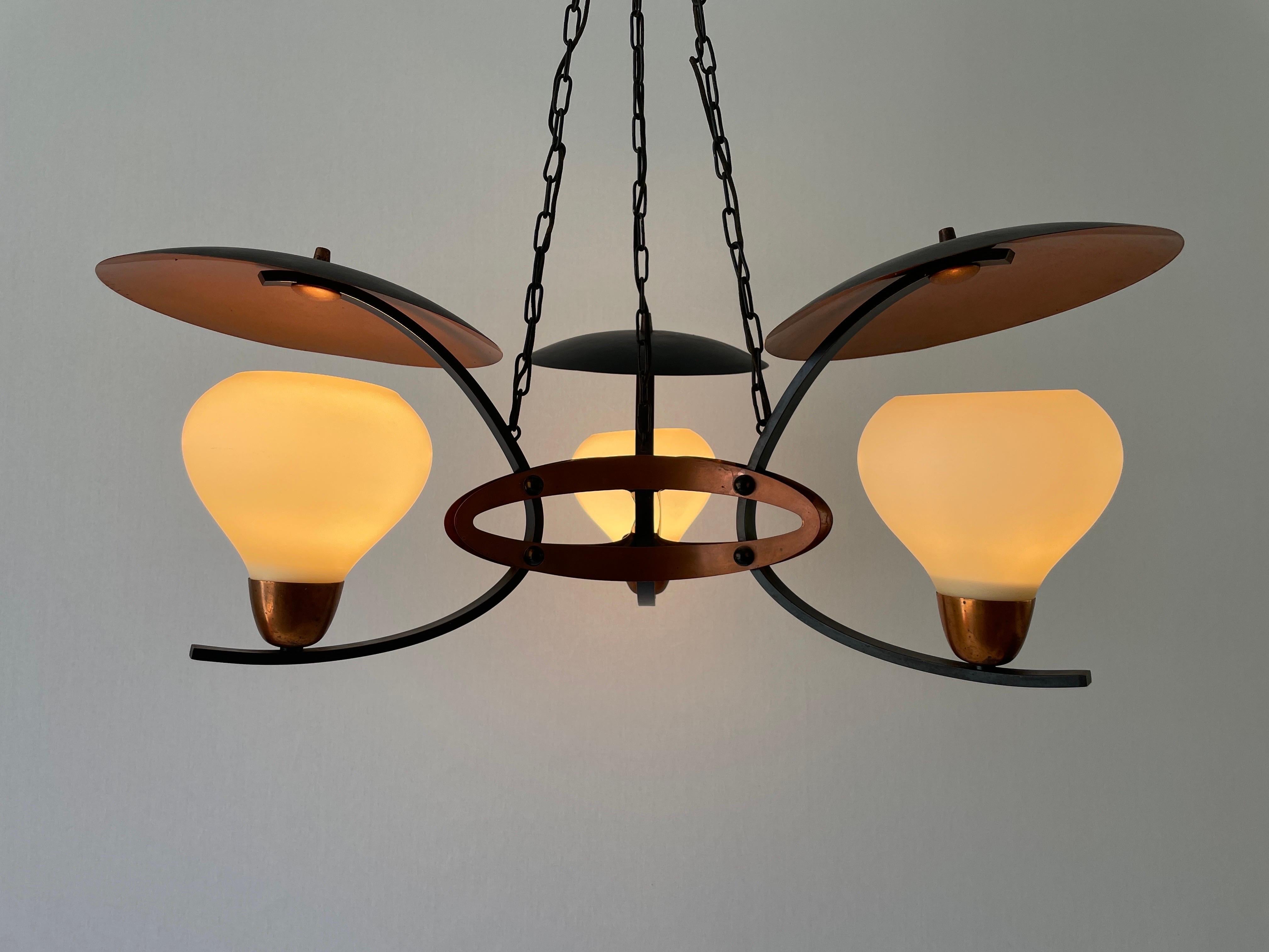 3-armed Glass and Copper Black Metal Chandelier, 1960s, Germany For Sale 5
