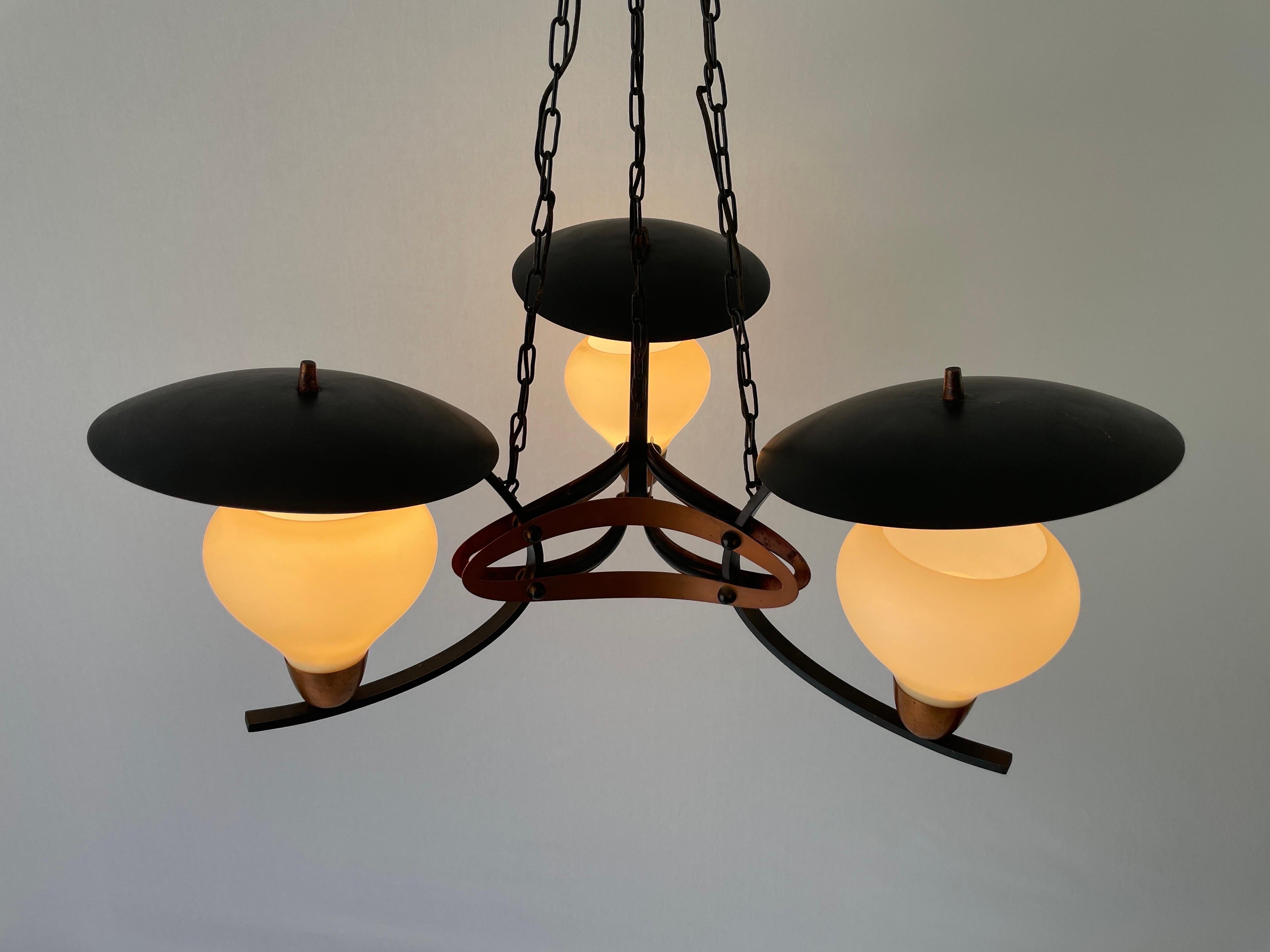 3-armed Glass and Copper Black Metal Chandelier, 1960s, Germany For Sale 6