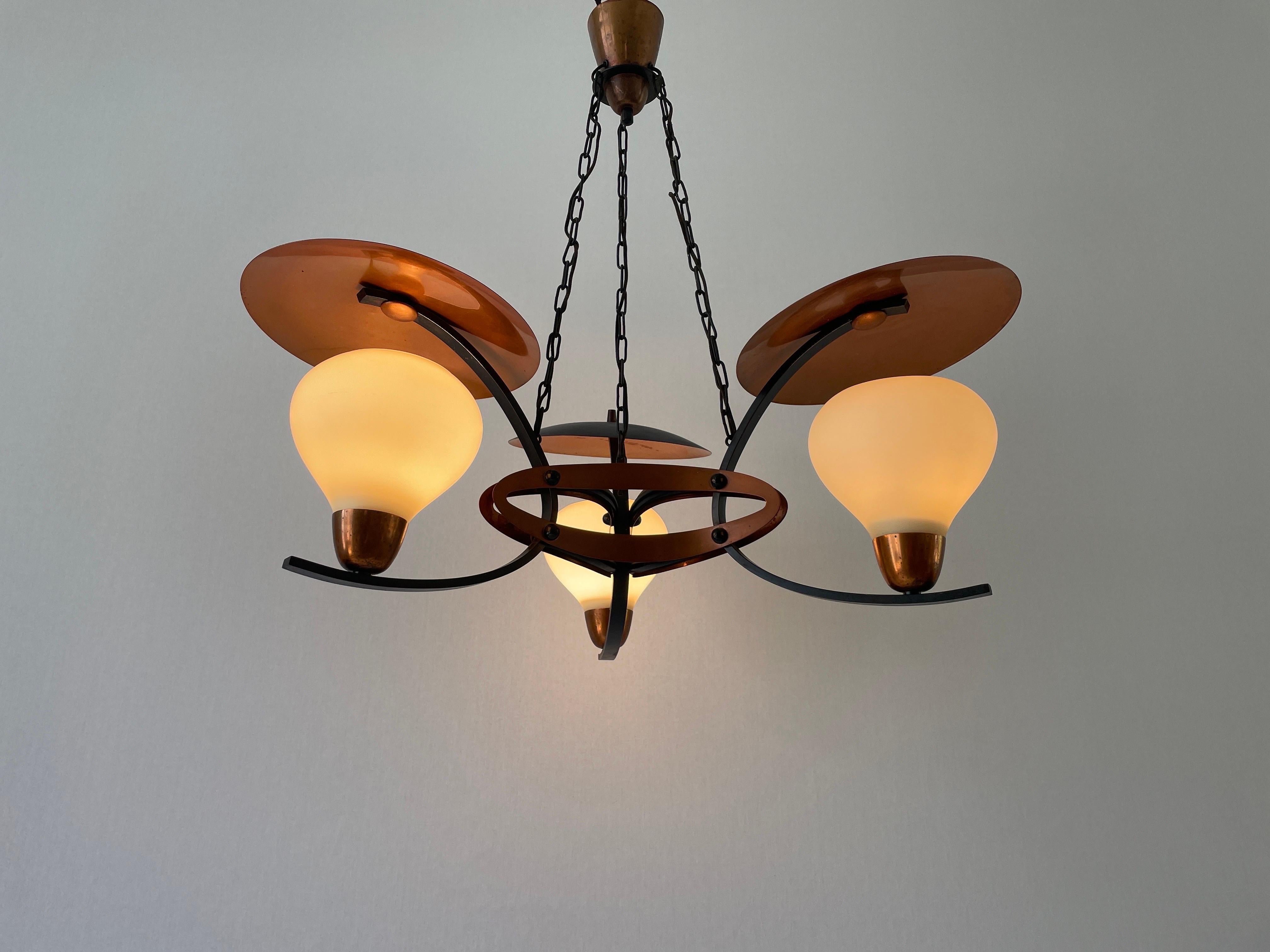 3-armed Glass and Copper Black Metal Chandelier, 1960s, Germany For Sale 7