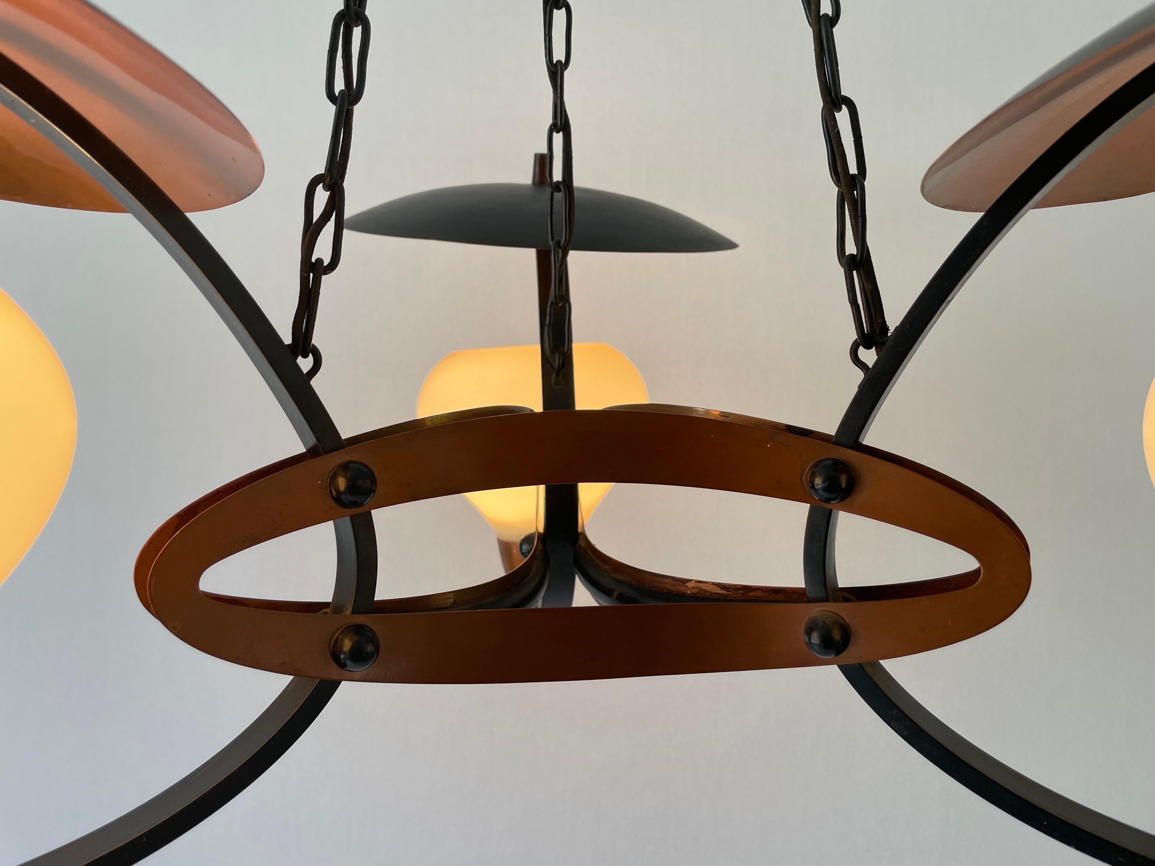3-armed Glass and Copper Black Metal Chandelier, 1960s, Germany For Sale 9