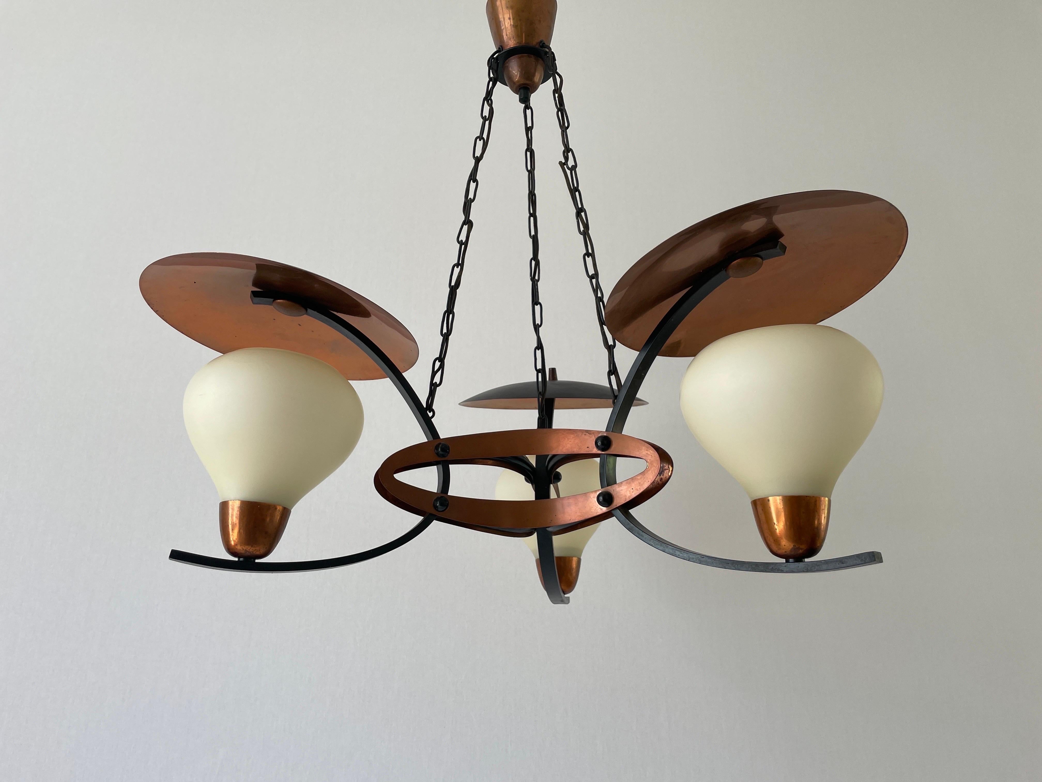 Mid-Century Modern 3-armed Glass and Copper Black Metal Chandelier, 1960s, Germany For Sale
