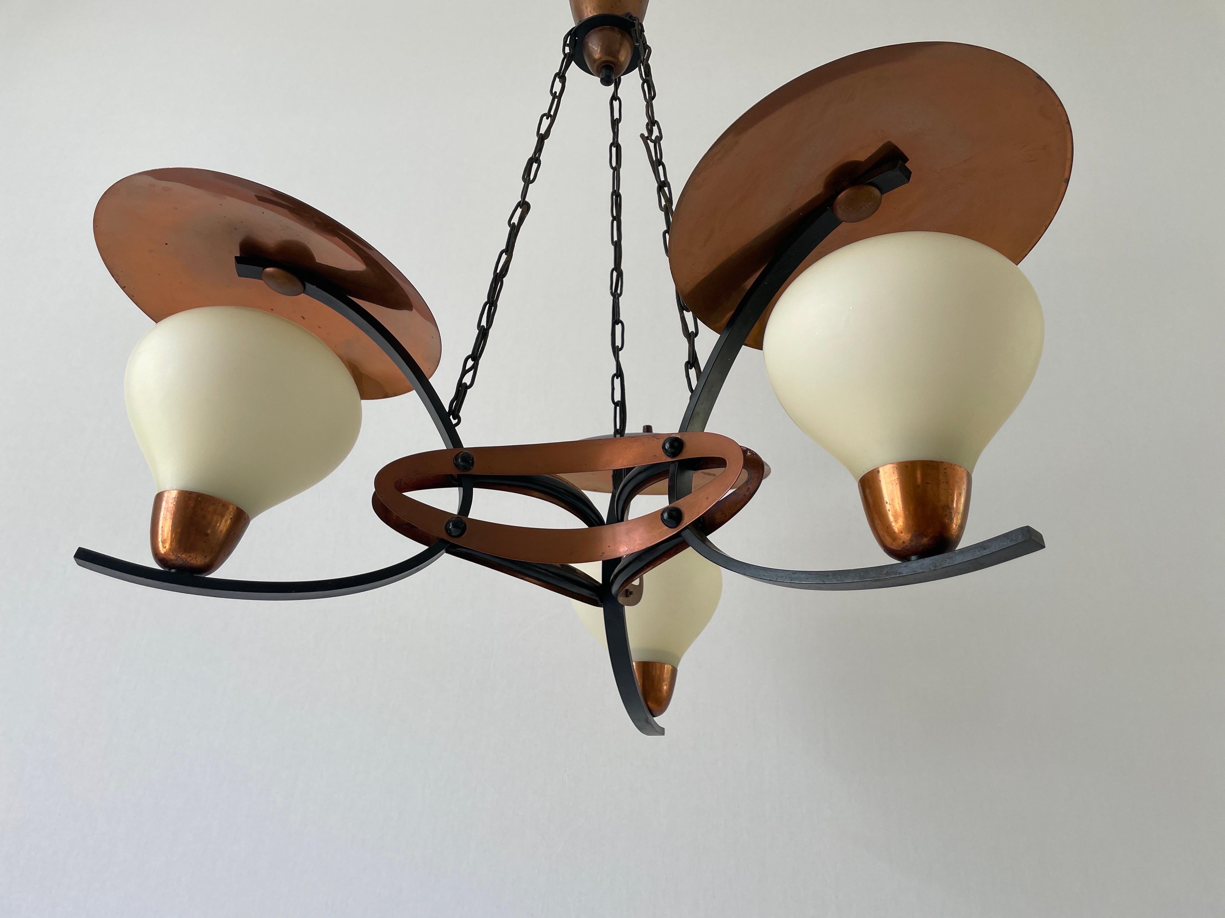 3-armed Glass and Copper Black Metal Chandelier, 1960s, Germany In Excellent Condition For Sale In Hagenbach, DE