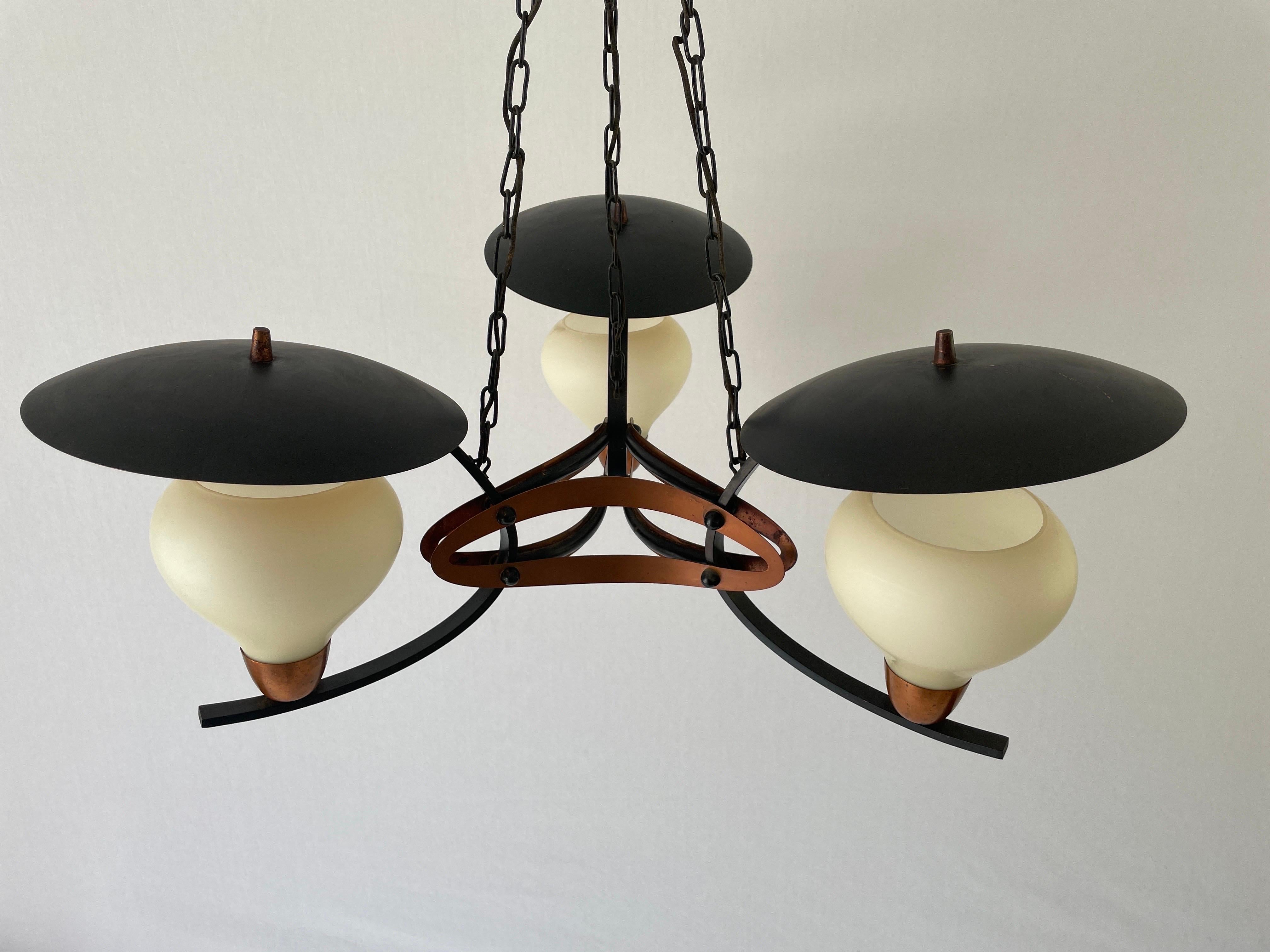 Mid-20th Century 3-armed Glass and Copper Black Metal Chandelier, 1960s, Germany For Sale