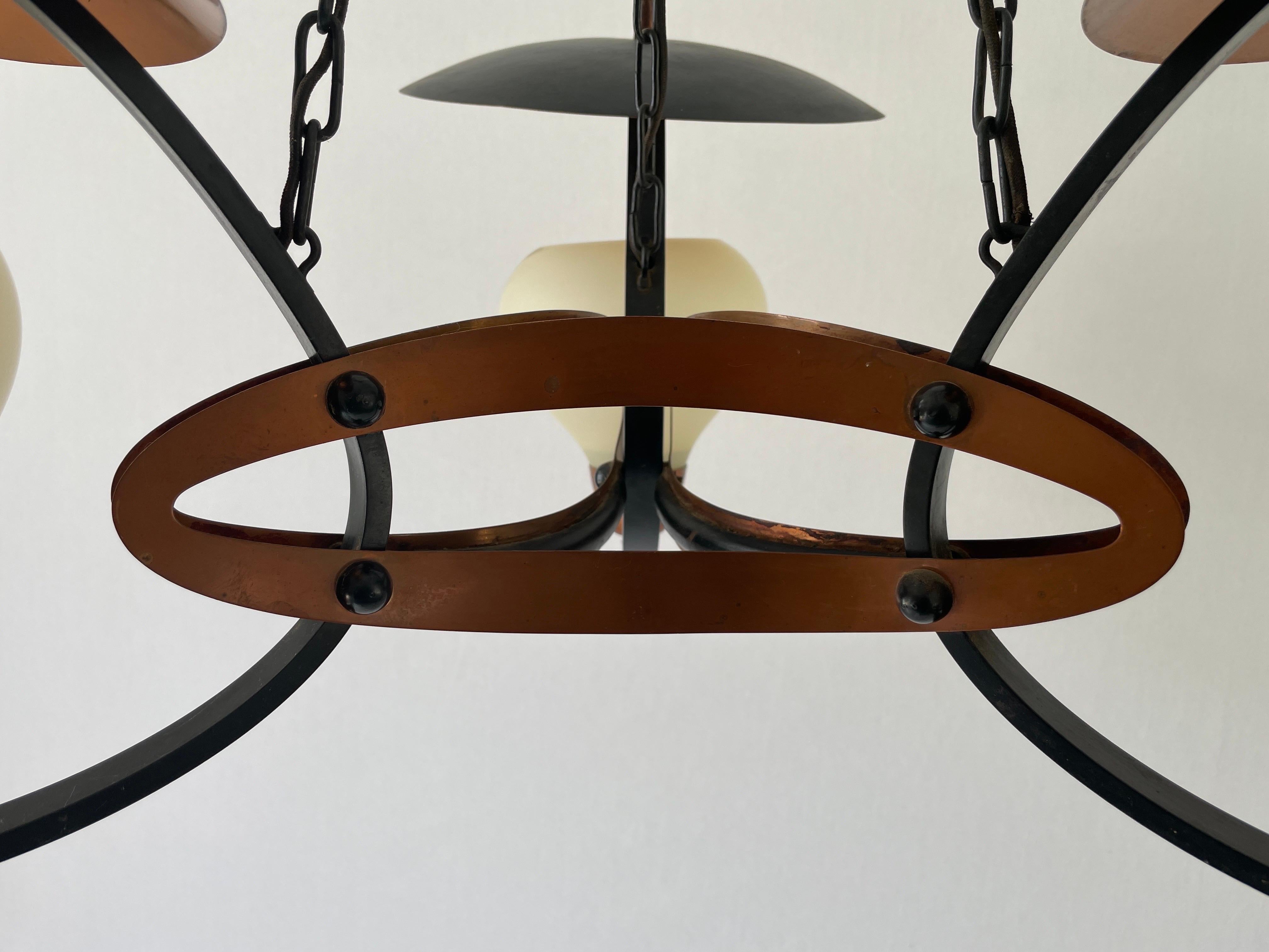 3-armed Glass and Copper Black Metal Chandelier, 1960s, Germany For Sale 1