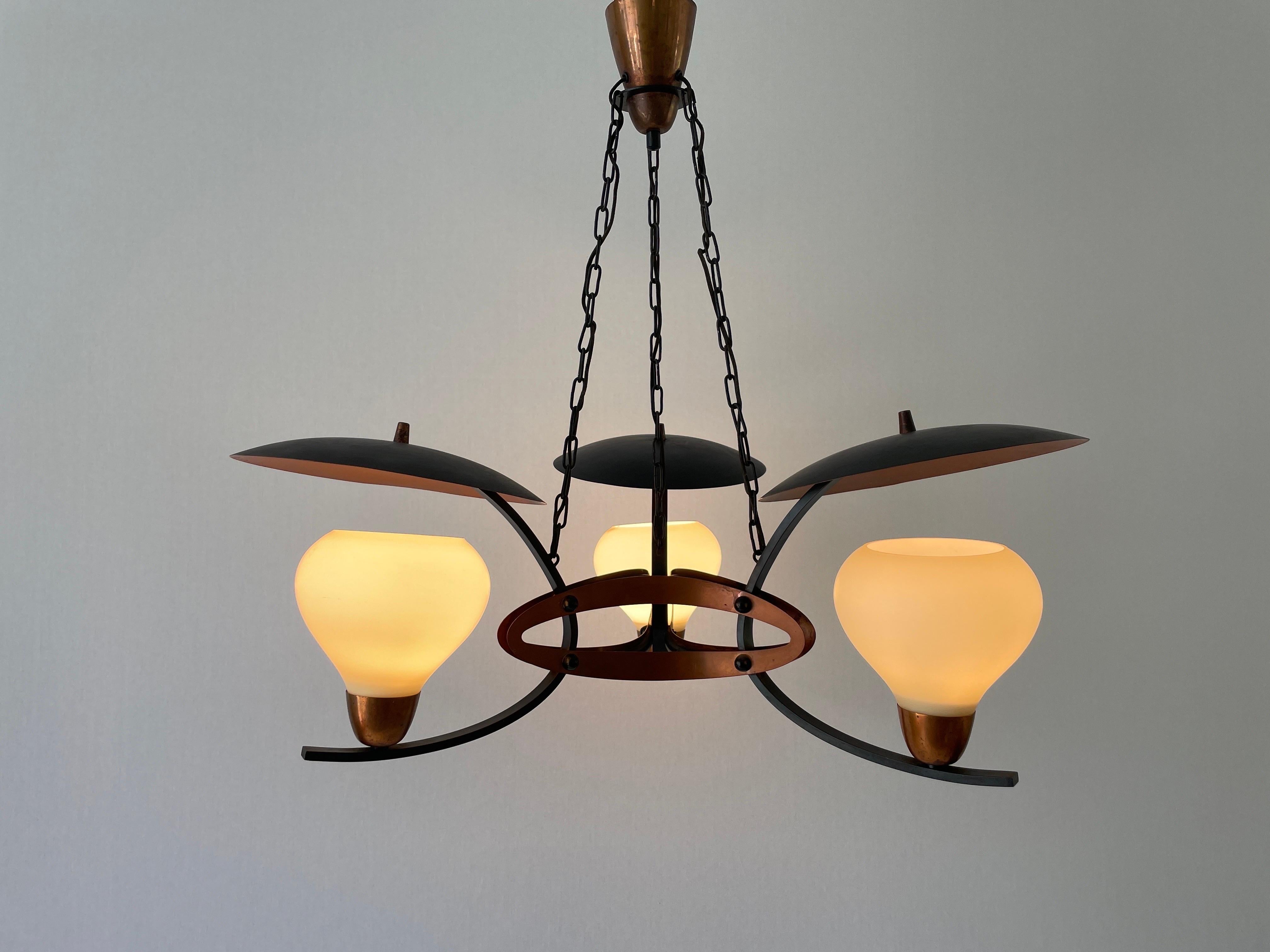 3-armed Glass and Copper Black Metal Chandelier, 1960s, Germany For Sale 4