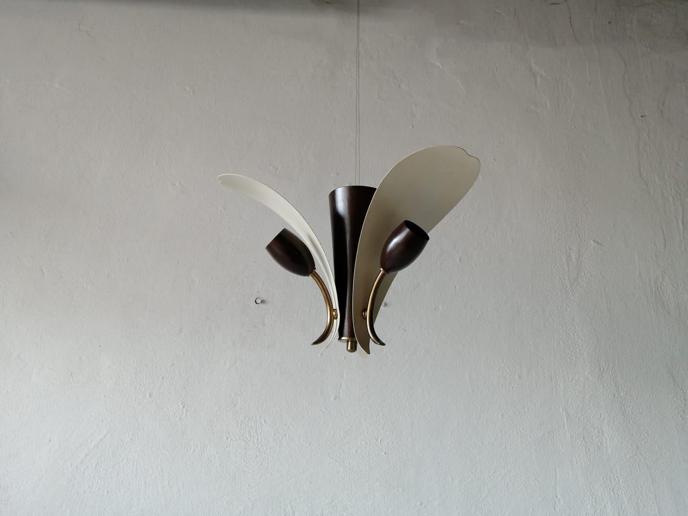 3 Armed White & Brown Flower Design Sputnik Ceiling Lamp, 1950s, Germany For Sale 5