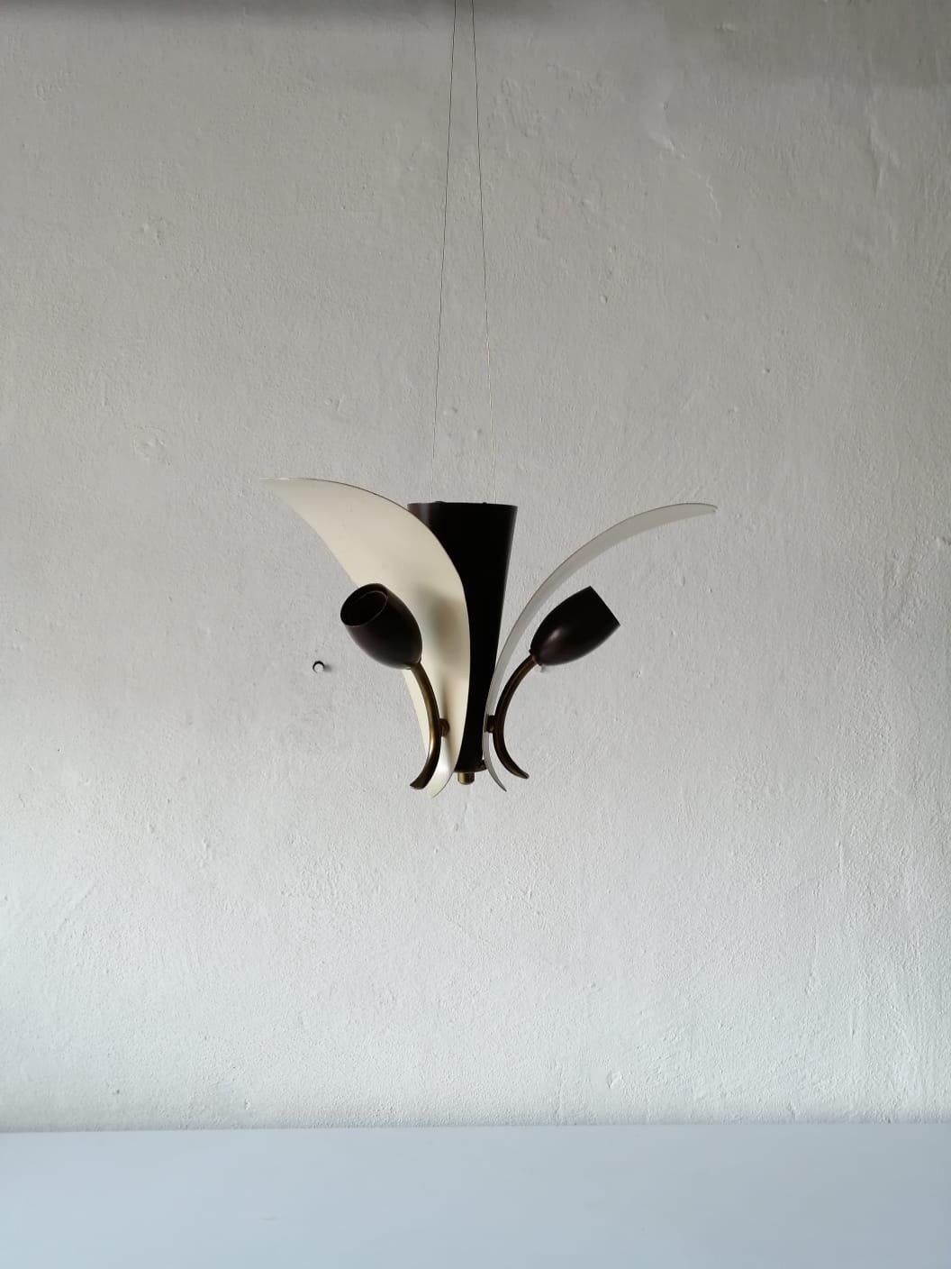 3 Armed White & Brown Flower Design Sputnik Ceiling Lamp, 1950s, Germany For Sale 6