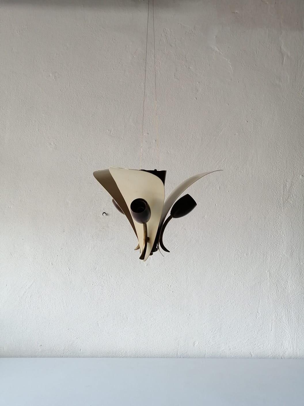 3 Armed White & Brown Flower Design Sputnik Ceiling Lamp, 1950s, Germany For Sale 7