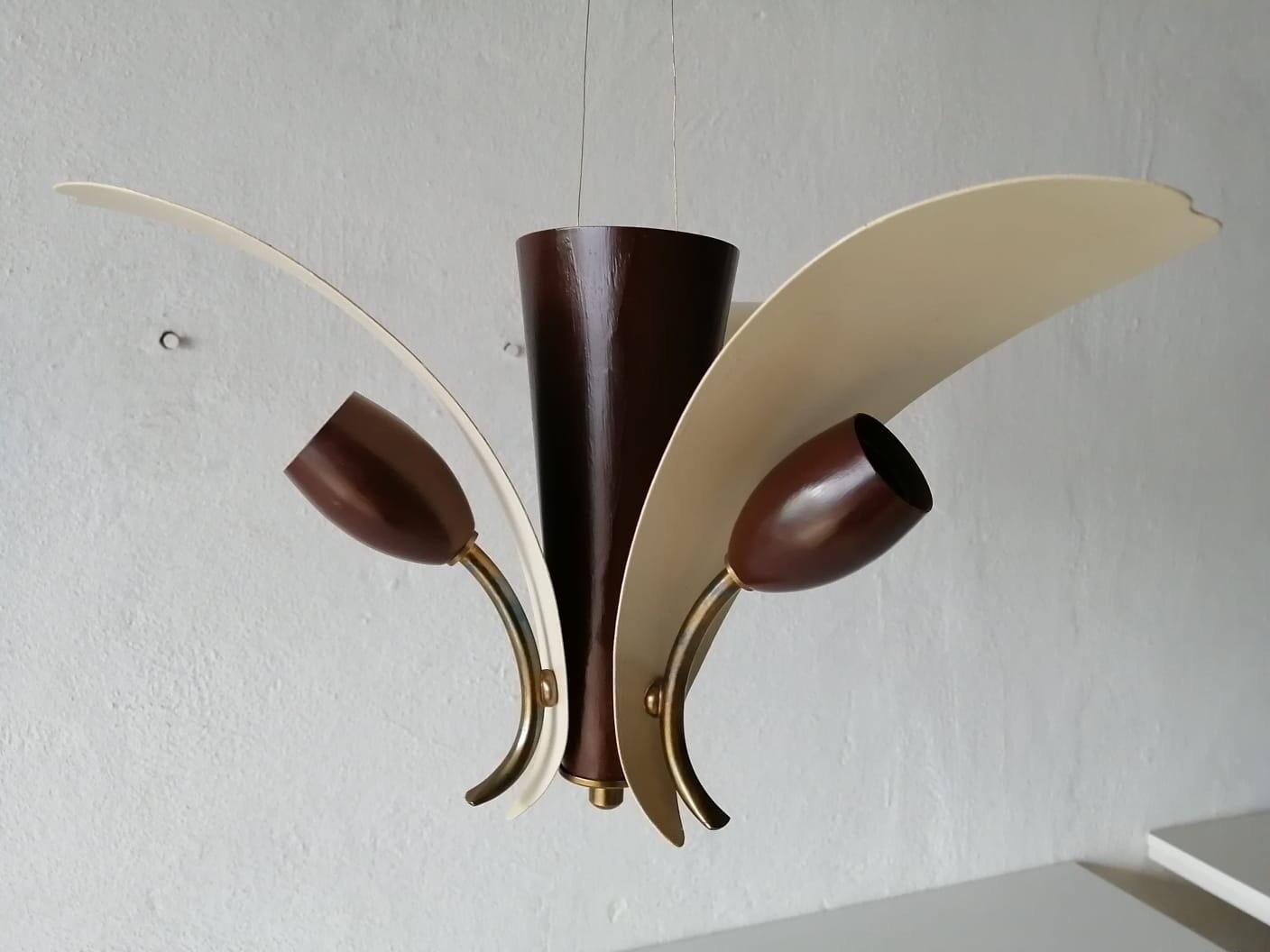 Mid-Century Modern 3 Armed White & Brown Flower Design Sputnik Ceiling Lamp, 1950s, Germany For Sale