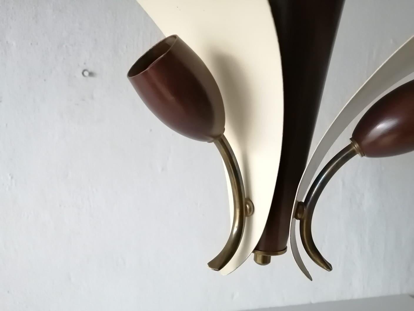 Metal 3 Armed White & Brown Flower Design Sputnik Ceiling Lamp, 1950s, Germany For Sale