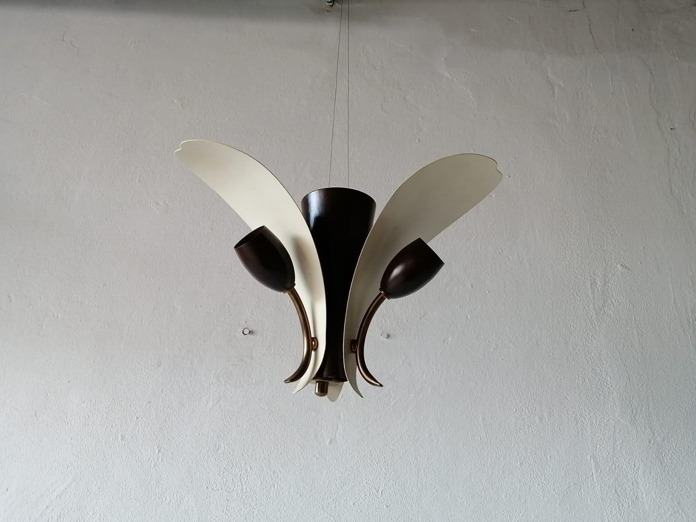 3 Armed White & Brown Flower Design Sputnik Ceiling Lamp, 1950s, Germany For Sale 1