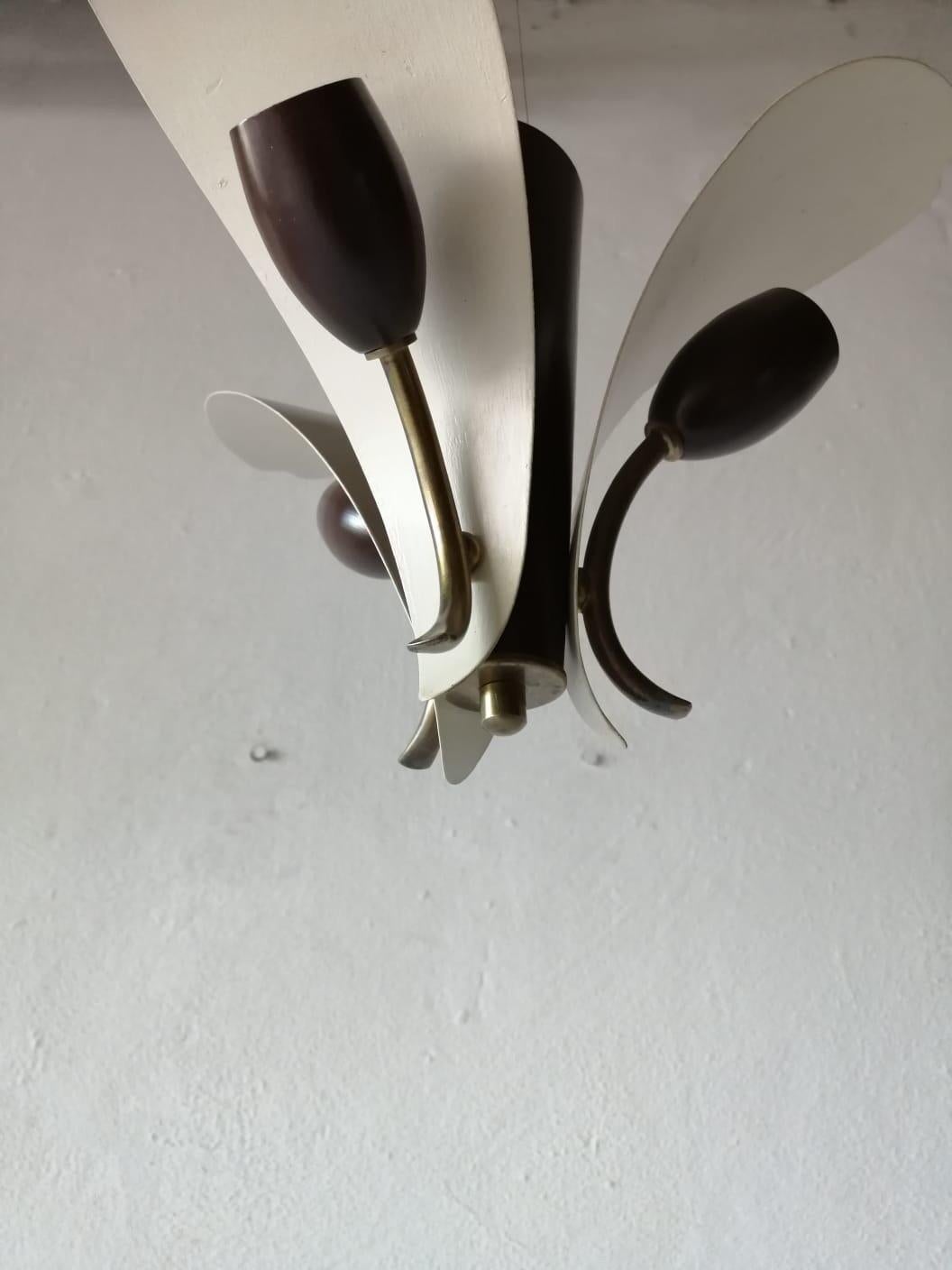 3 Armed White & Brown Flower Design Sputnik Ceiling Lamp, 1950s, Germany For Sale 2