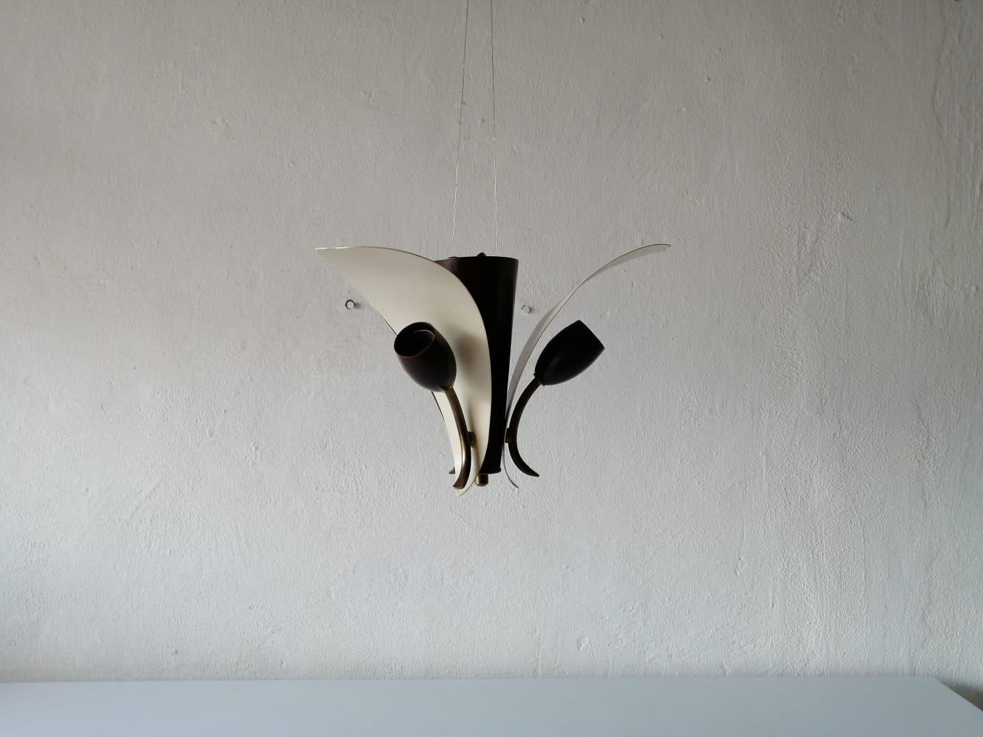 3 Armed White & Brown Flower Design Sputnik Ceiling Lamp, 1950s, Germany For Sale 3