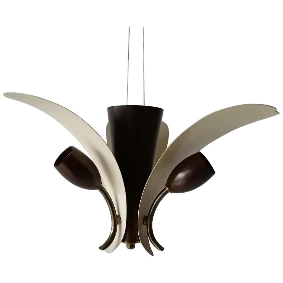 3 Armed White & Brown Flower Design Sputnik Ceiling Lamp, 1950s, Germany For Sale