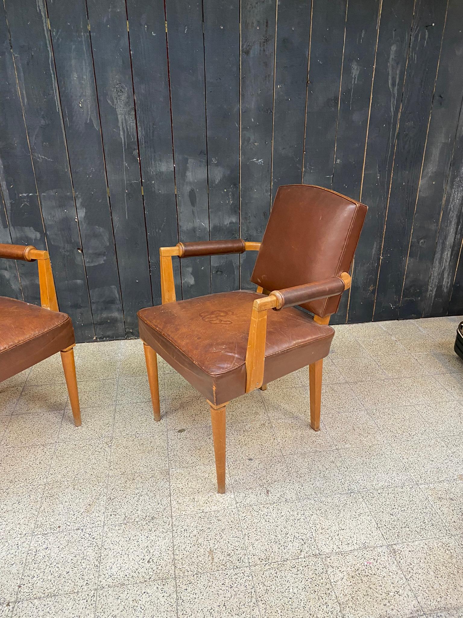 3 Art-Deco-Sessel mit Lederbezug, um 1930 (Art déco) im Angebot