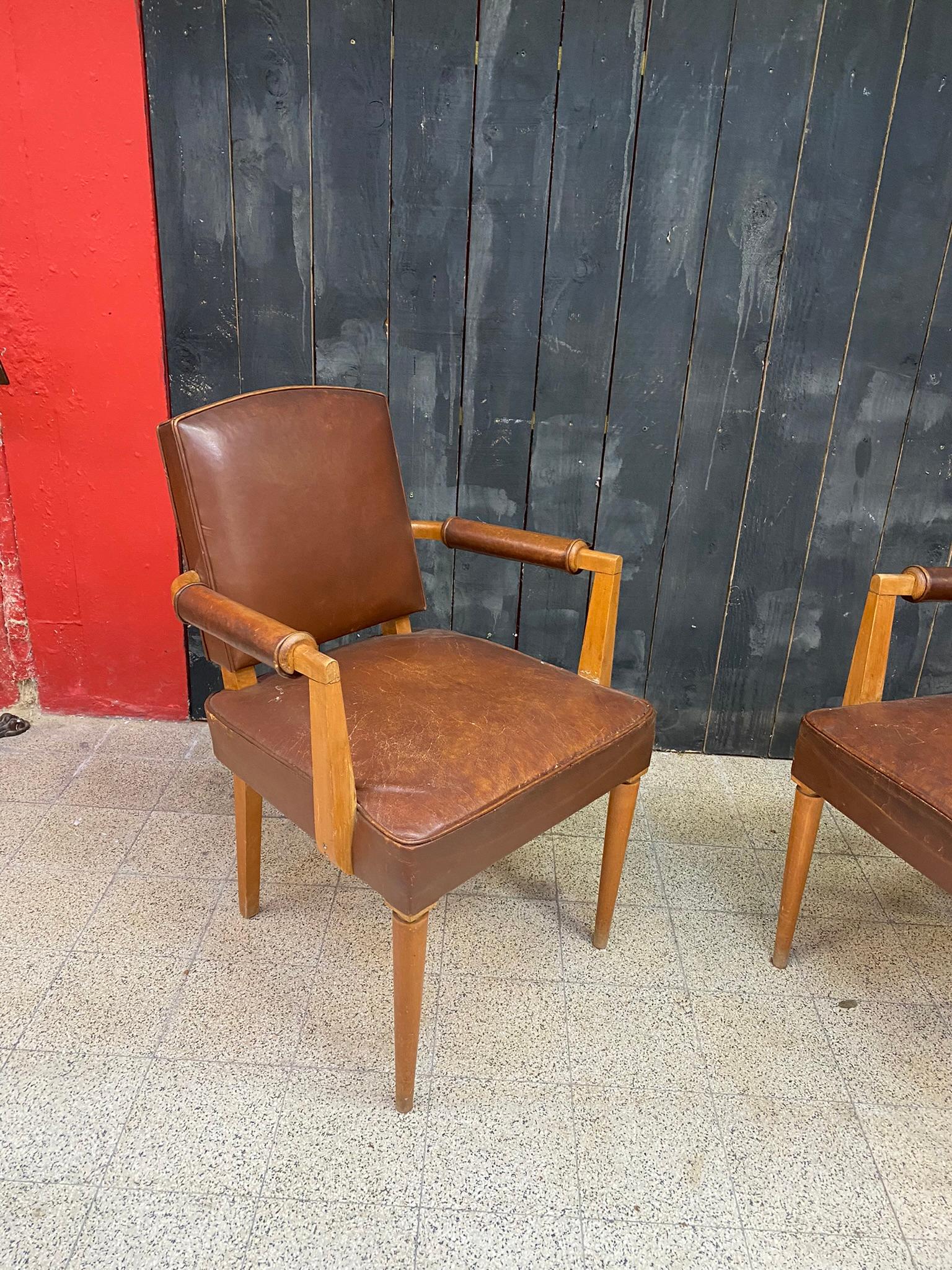 French 3 art deco armchairs covered in leather, circa 1930 For Sale