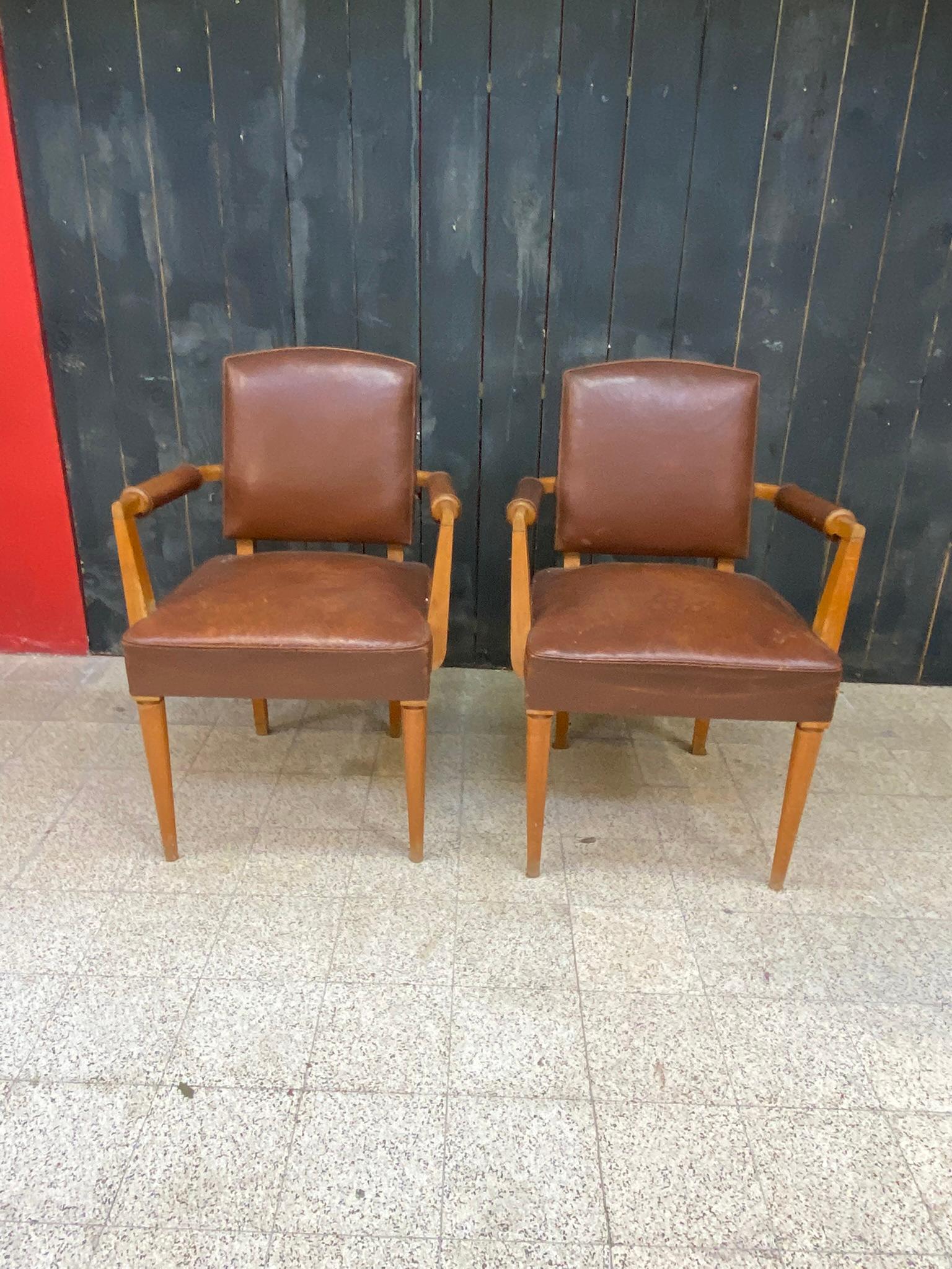 3 art deco armchairs covered in leather, circa 1930 In Good Condition For Sale In Mouscron, WHT