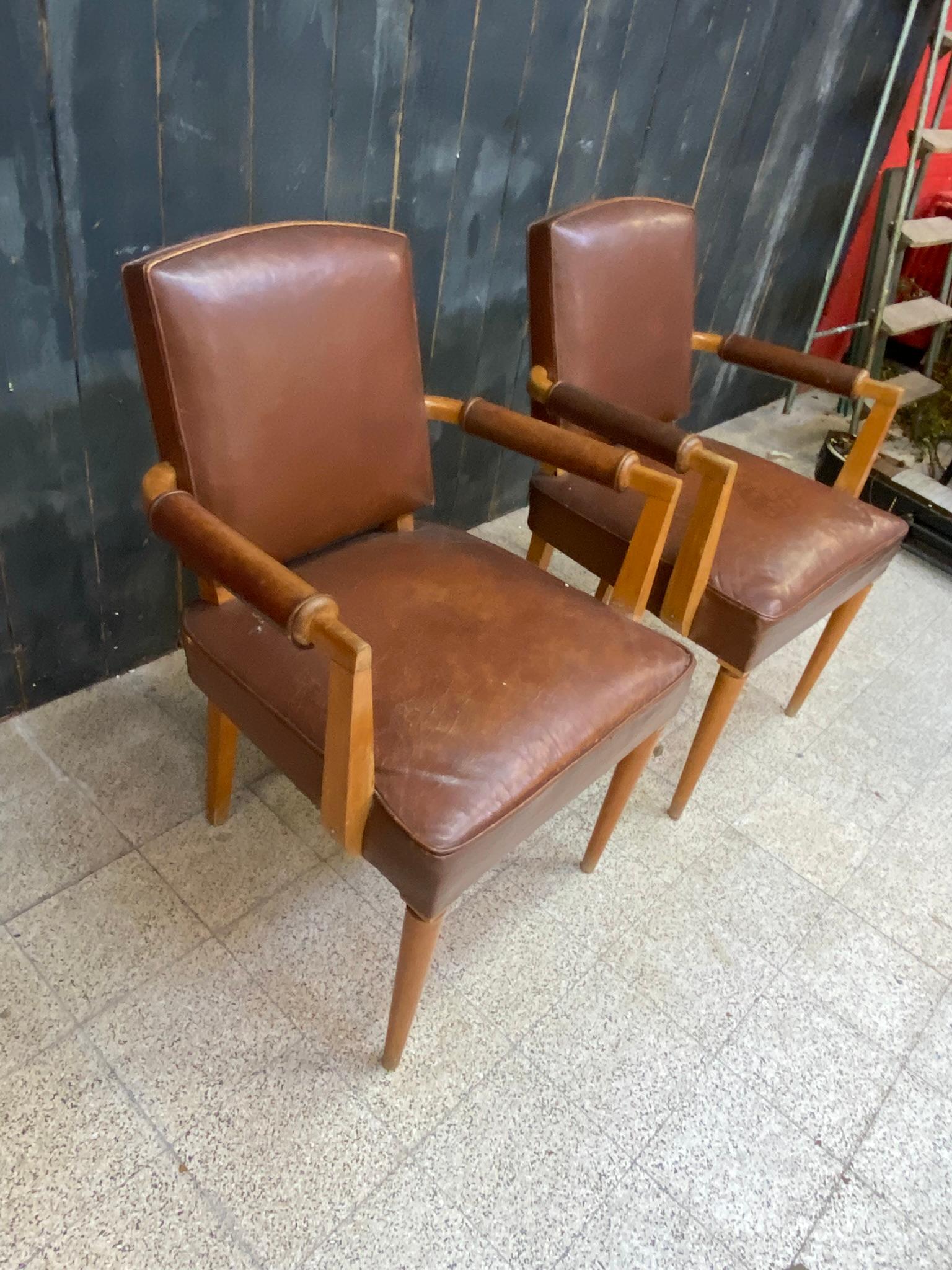 3 Art-Deco-Sessel mit Lederbezug, um 1930 (Mitte des 20. Jahrhunderts) im Angebot