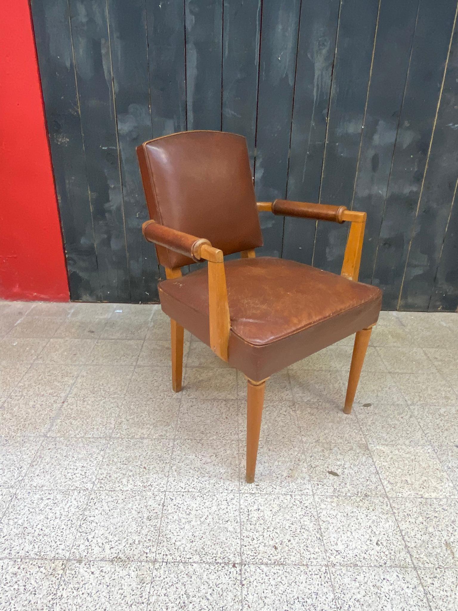 Leather 3 art deco armchairs covered in leather, circa 1930 For Sale