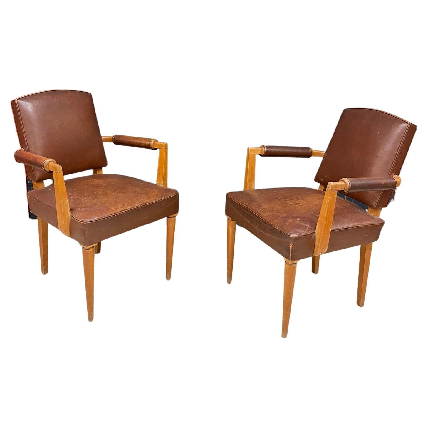 3 art deco armchairs covered in leather, circa 1930 For Sale