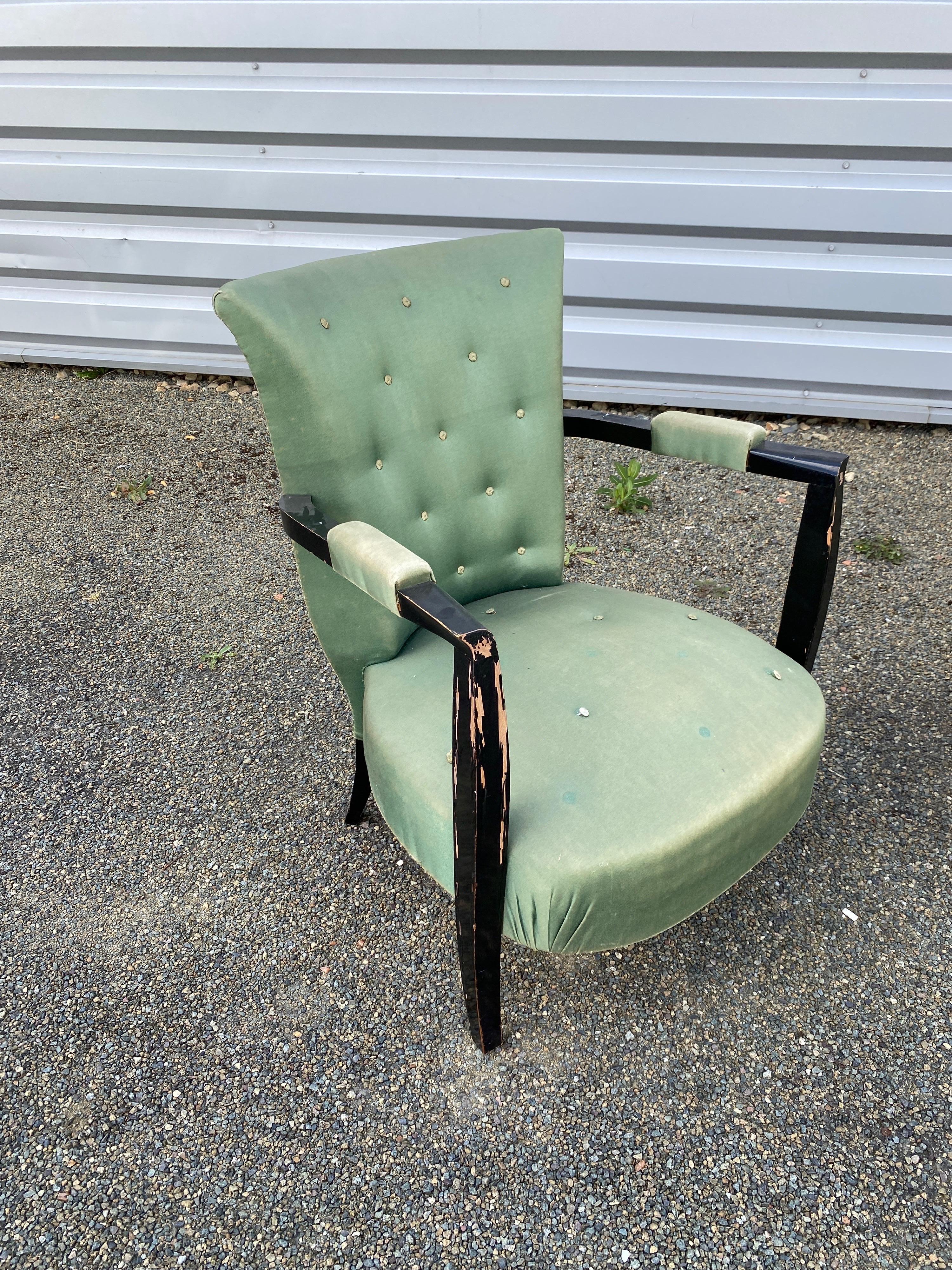French 3 Art Deco Armchairs in Blackened Wood, circa 1940 For Sale