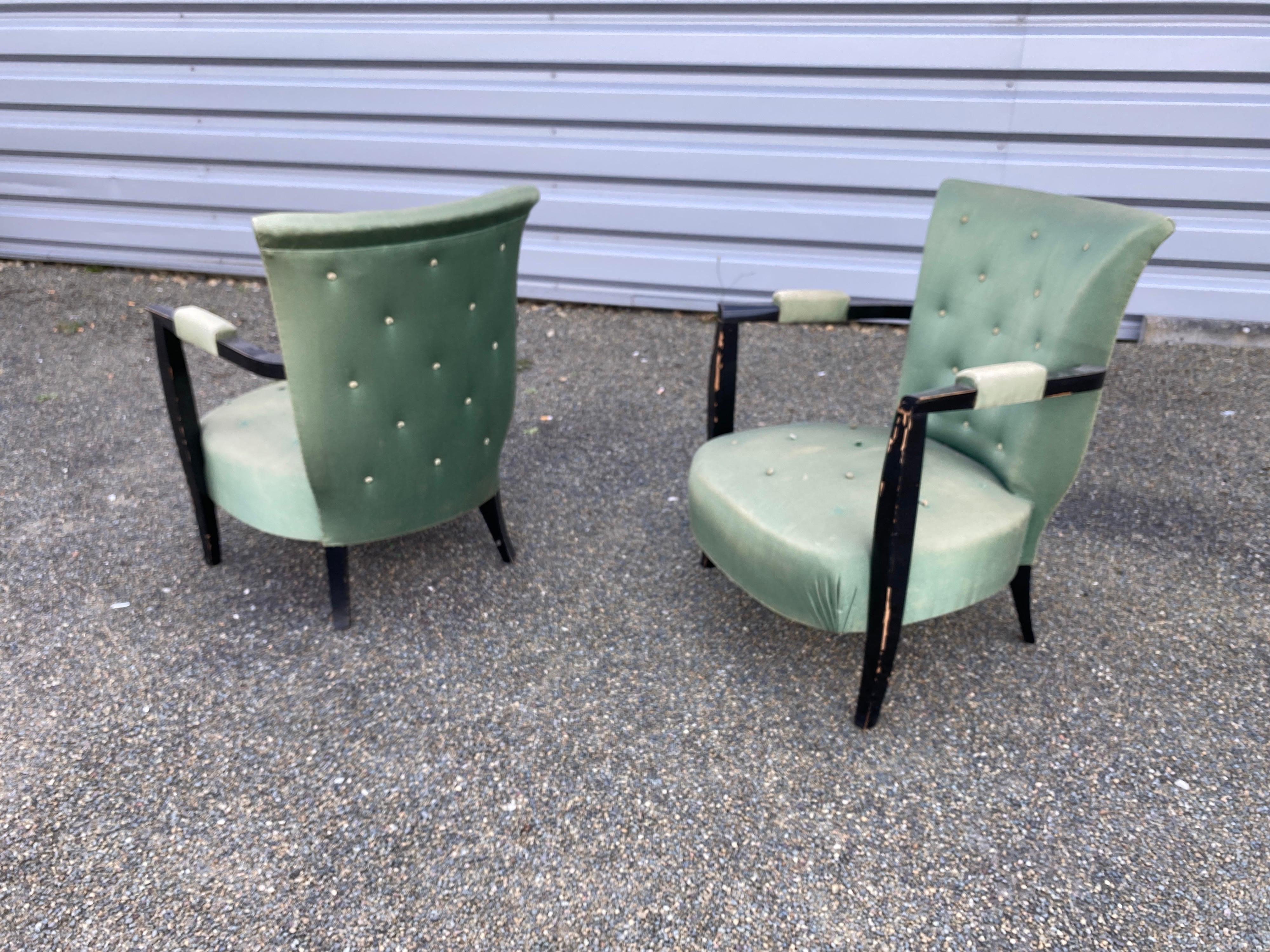 Mid-20th Century 3 Art Deco Armchairs in Blackened Wood, circa 1940 For Sale