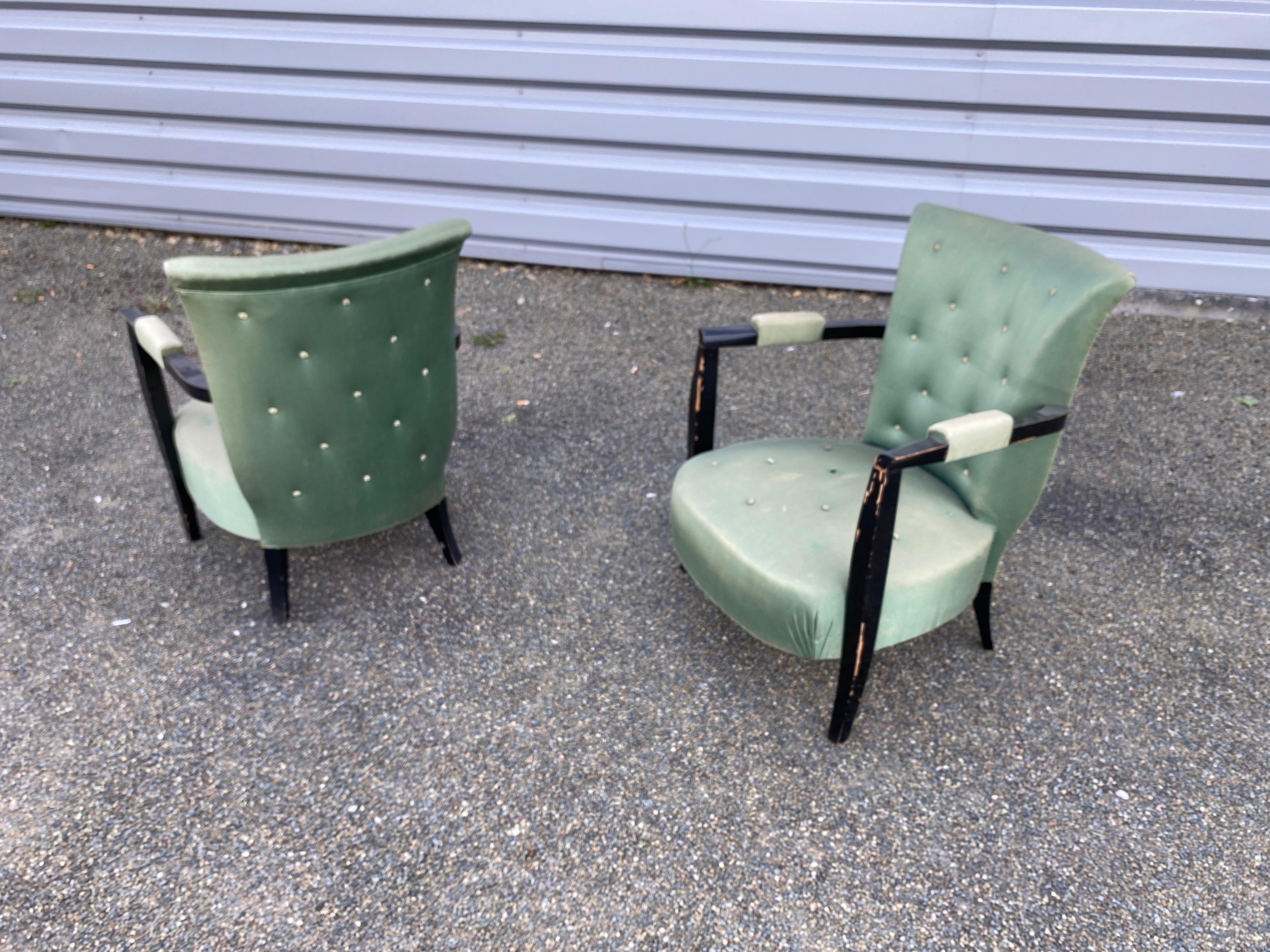 Satin 3 Art Deco Armchairs in Blackened Wood, circa 1940 For Sale