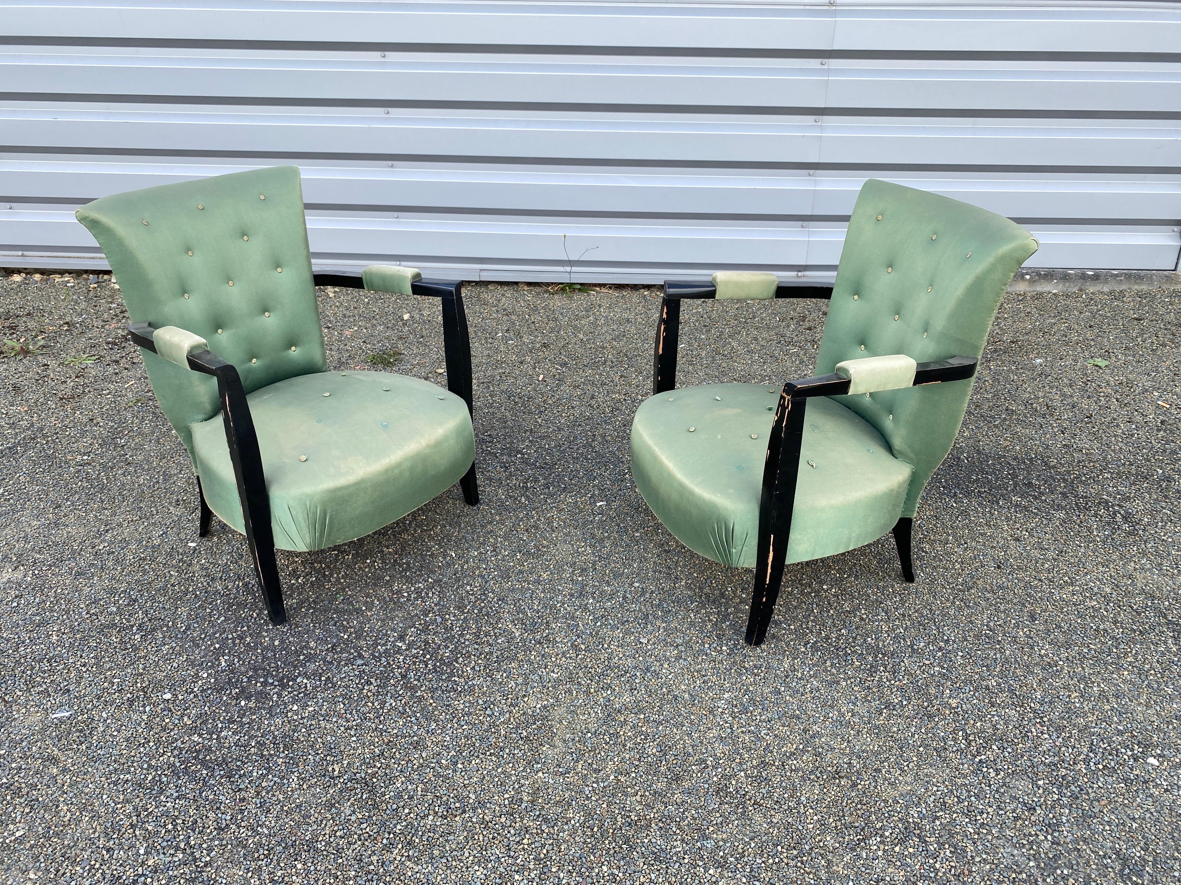 3 Art Deco Armchairs in Blackened Wood, circa 1940 For Sale 2